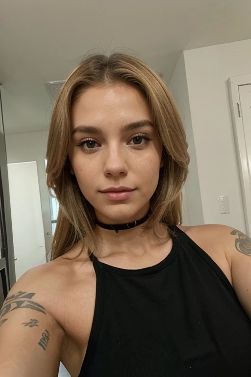 I would like a photo of a woman in selfie mode taken with an iPhone 15, I would like her to be blonde and have no visible tattoos on her face