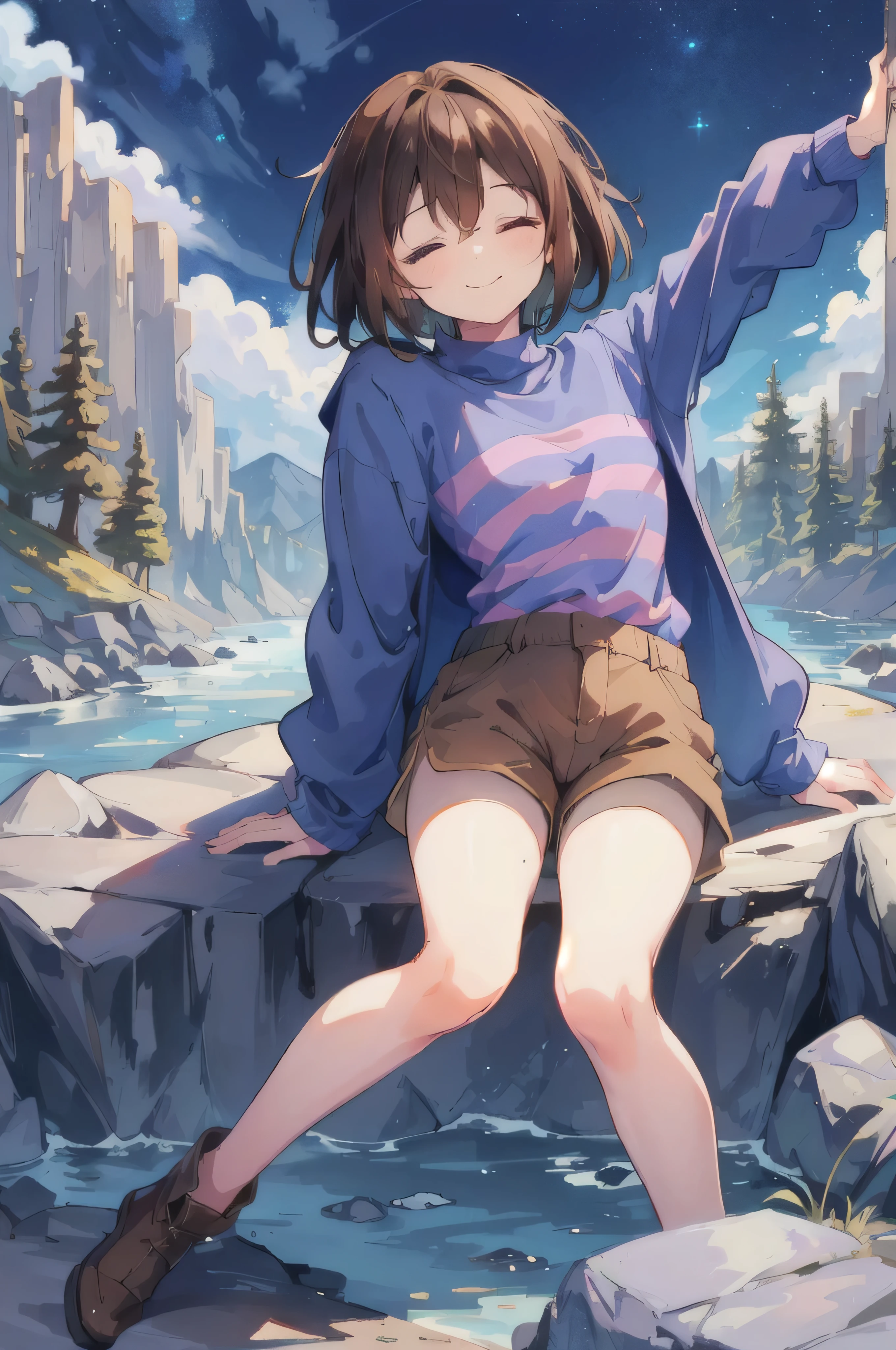 undertale frisk,small breasts,brown hair,(aged up), (brown shorts:1.3), bob cut, short hair, (blue shirt:1.3), (closed eyes:1.2), (1girl:1.3), (solo:1.3), blue shirt,purple shirt, striped shirt,long sleeves,arms raised,yellow skin,dancing,facing viewer,full body,boots,on mountain,grass,happy,:p, masterpiece, best quality, art illustration,frisk_(undertale), 1girl,  title text "undertale", smile, undertale, closed eyes, brown hair, dark forest background, shorts, blue and pink striped sweater, holding tree stick, night, dark, ((Anime)), (sitting on the rocks)