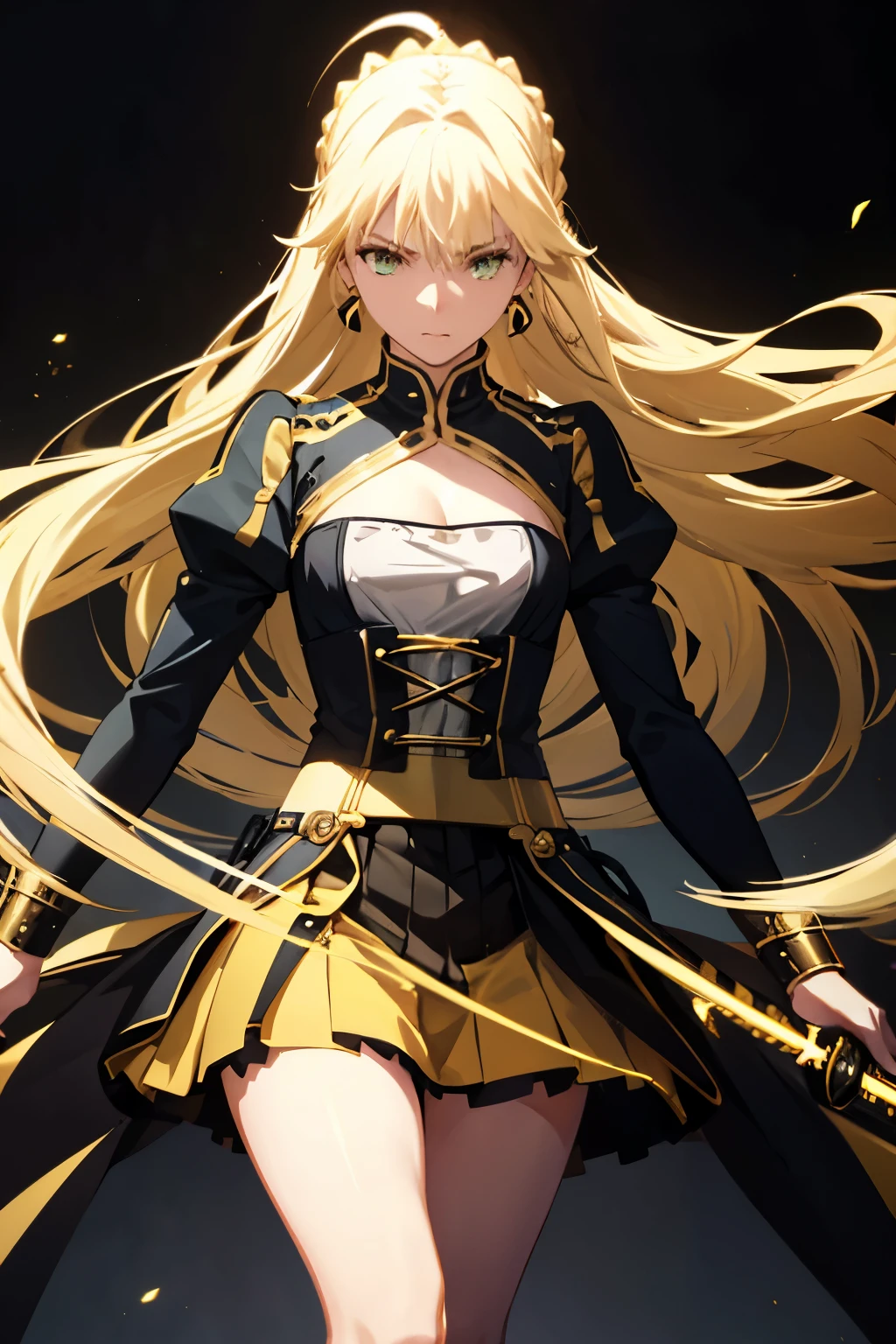 aesthetic, bohemian, realistic, saber from Fate, long hair ,black mini-skirt, yellow clothes, stockings, skinny fit, emo pose, yellow and black city background, focus on hips, goddess, solo, katana