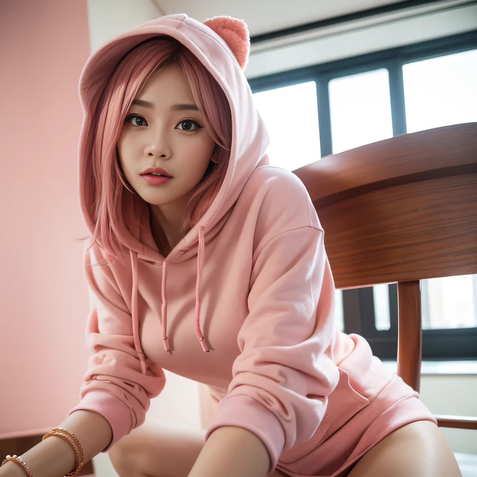 (National Foundation),professional women photography, On the table, Large target, 1 woman, Artistic Background、flirt, From below, (sweat bracelet: 1.3), Blurred Background, Beautiful woman photo, ((Pink gangster style)), panty shot,Open front end, skirt, ((pink hoodie, peach-colored hair)), Practical, Beautiful lips, Brown eyes, Pink plaid pleated skirt, highest quality, Ultra Detailed, naughty angle, long eyes, mature beautiful face, Seductive eyes, Backlighting,