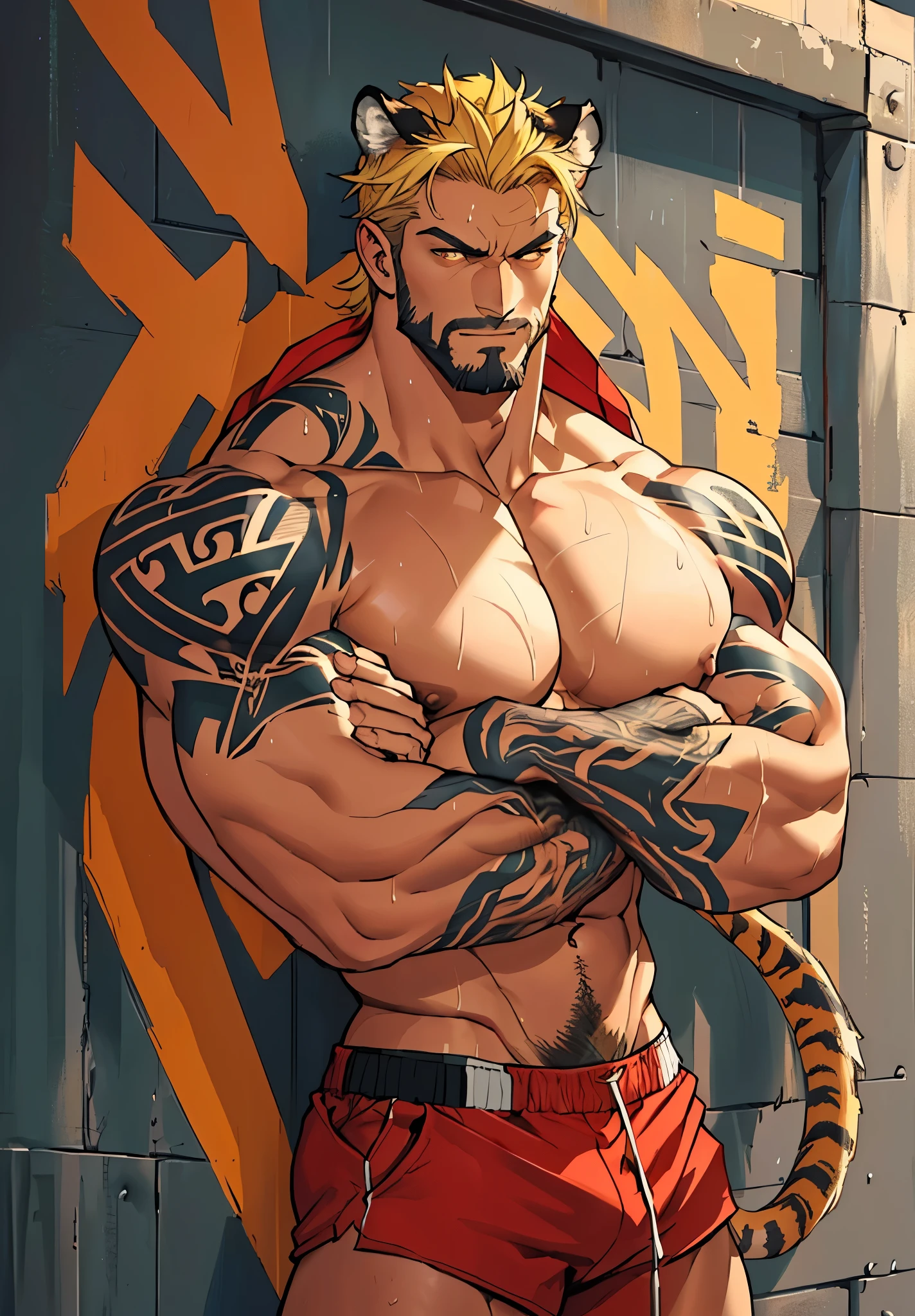 Close up, there is a man with tiger ear that is standing next to a wall, commission for high res, sfw version,bare chest, anthropomorphic, muscular chest, highly detailed full body, (sfw) safe for work, strong and imposing, detailed full body, muscular character, extra detailed body, macho pose, body detailed, wet body, sweaty, short yellow hair, beard, Topless, huge crotch, red shorts, many tattoos, crossed arms pose.