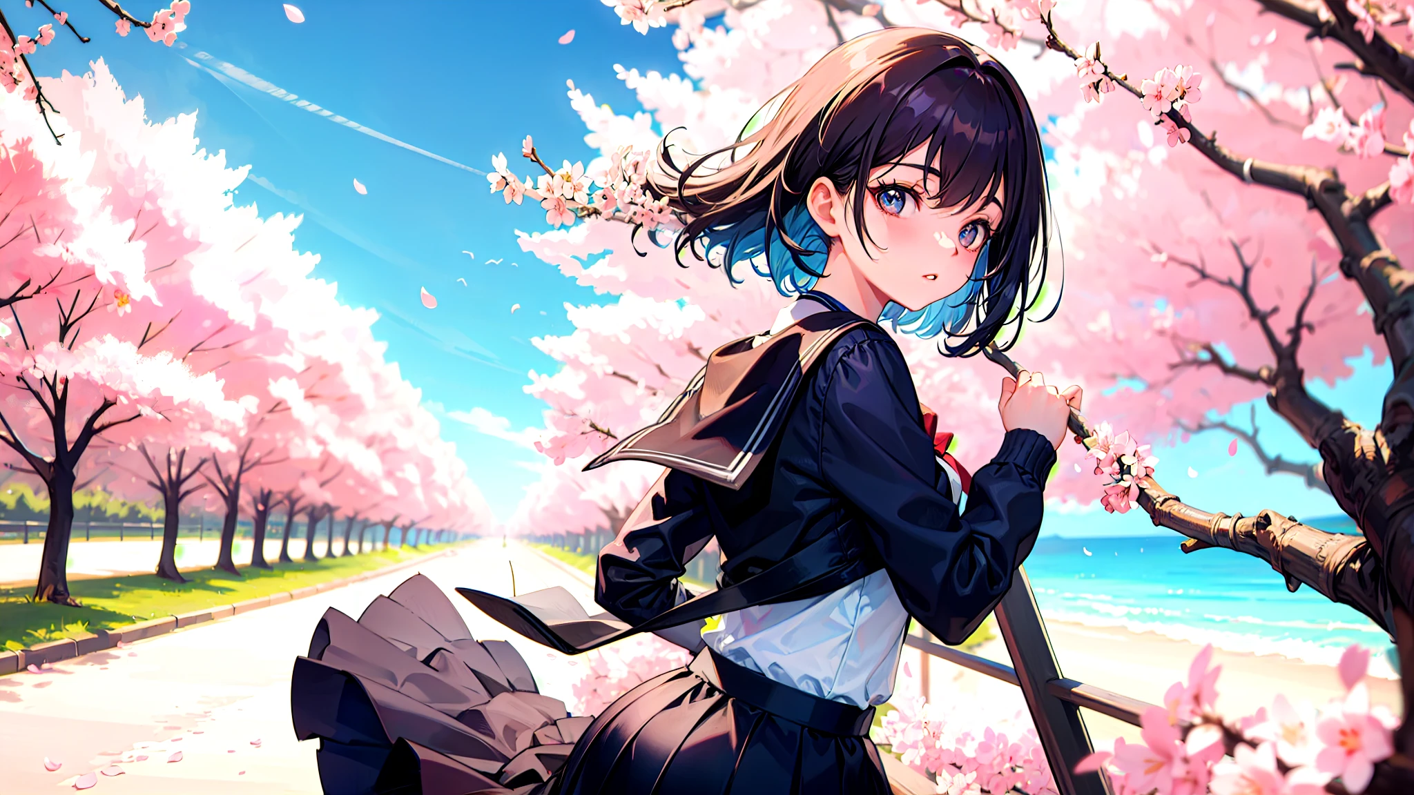 Looking up at the scenery of cherry blossoms in full bloom、A high school girl looking back at me、Nice body、the skirt is short,、Ultra HD、amazing