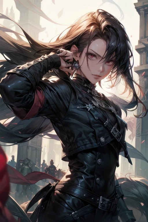 (absurdos, Altas Resoluciones, Ultra detallado, HDR), Obra maestra, (((HOMBRE)))  ((MASCULINO))) La mejor calidad, final fantasy vii, vincent valentine, 1hombre solamente, guapo, pelo largo, cabello negro, Ojos rojos vibrantes, ojos finos y cara detalladas, Armadura, ((Arma intrincada)), Sentado en el trono, piernas abiertas, sonrisa afectada, molesto. Final Fantasy, abs, badass pose, Chico de anime en una cama con las manos en la cabeza, Hermosa pose de anime, Anime hombre guapo, Personaje masculino de anime, Badass Anime 8K, Arte detallado del personaje de anime, Concepto de anime HDR Anime MacManus, Chico anime, Ikuto Yamashita, Anime CG arte suave, Fondo de pantalla de manga 4 k, inspirado por Yamagata Hiro, Wallaper de anime