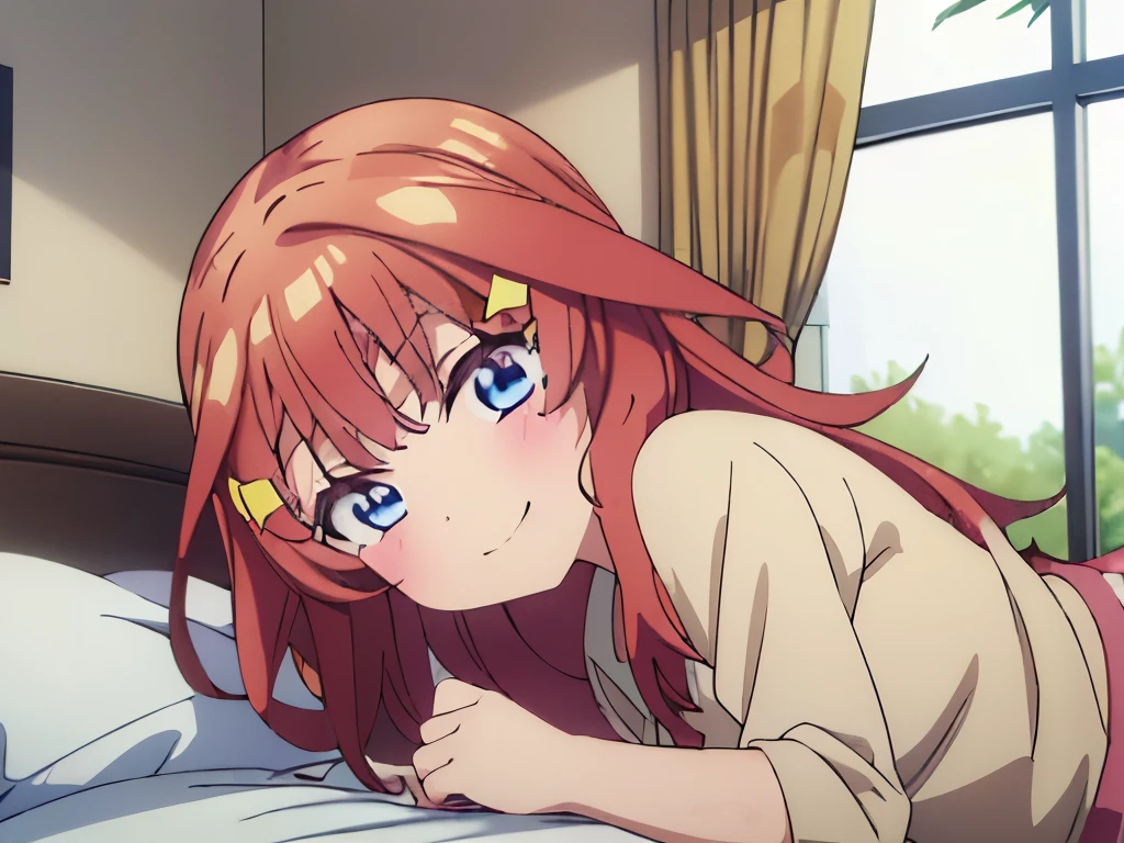 ((masterpiece)), ((best quality)), (ultra-detailed), anime style, on the bed, a cute girl, 1girl, solo, smile, underwear00
