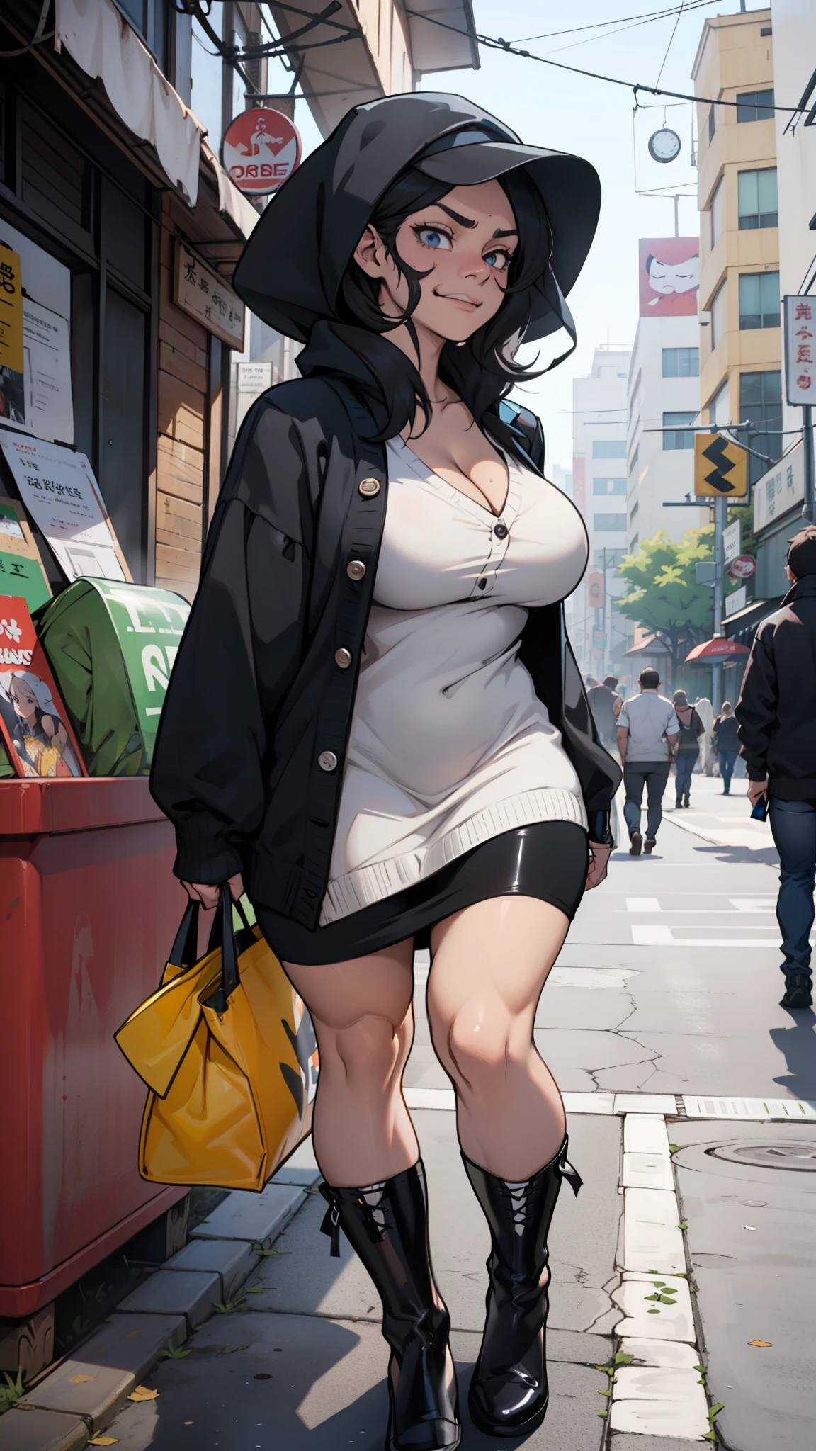 (Familiar, obra de arte, mais alta qualidade, Complex),
tiro de vaqueiro, Kyoka Tachibana,
(((seios grandes,))),
1 garota, sozinho,
olhos fofos, rosto bonito, bunda redonda perfeita,
ajuste e corpo, pervertida feminina,
sozinho, Pale skin,
olhos azuis, ((linda mulher madura)),
(/black mask:1.5/, /Vestido longo justo cinza com decote profundo:1.2/ & Light cardigan、Botas longas com sola grossa de 20cm、pernas longas、saia longa、camisa ombro a ombro、Clothing made from latex material), clavicle、Lazy face、/cabelo preto/, sorriso cativante, cara travessa, suor, vapor, embarrassing, corar, excitado, (Disdainful face:1.5),
City snapshots、Estilo de revista de moda、Revistas de moda de rua、Full body view、Standing accessories)、In fashion、genuine、