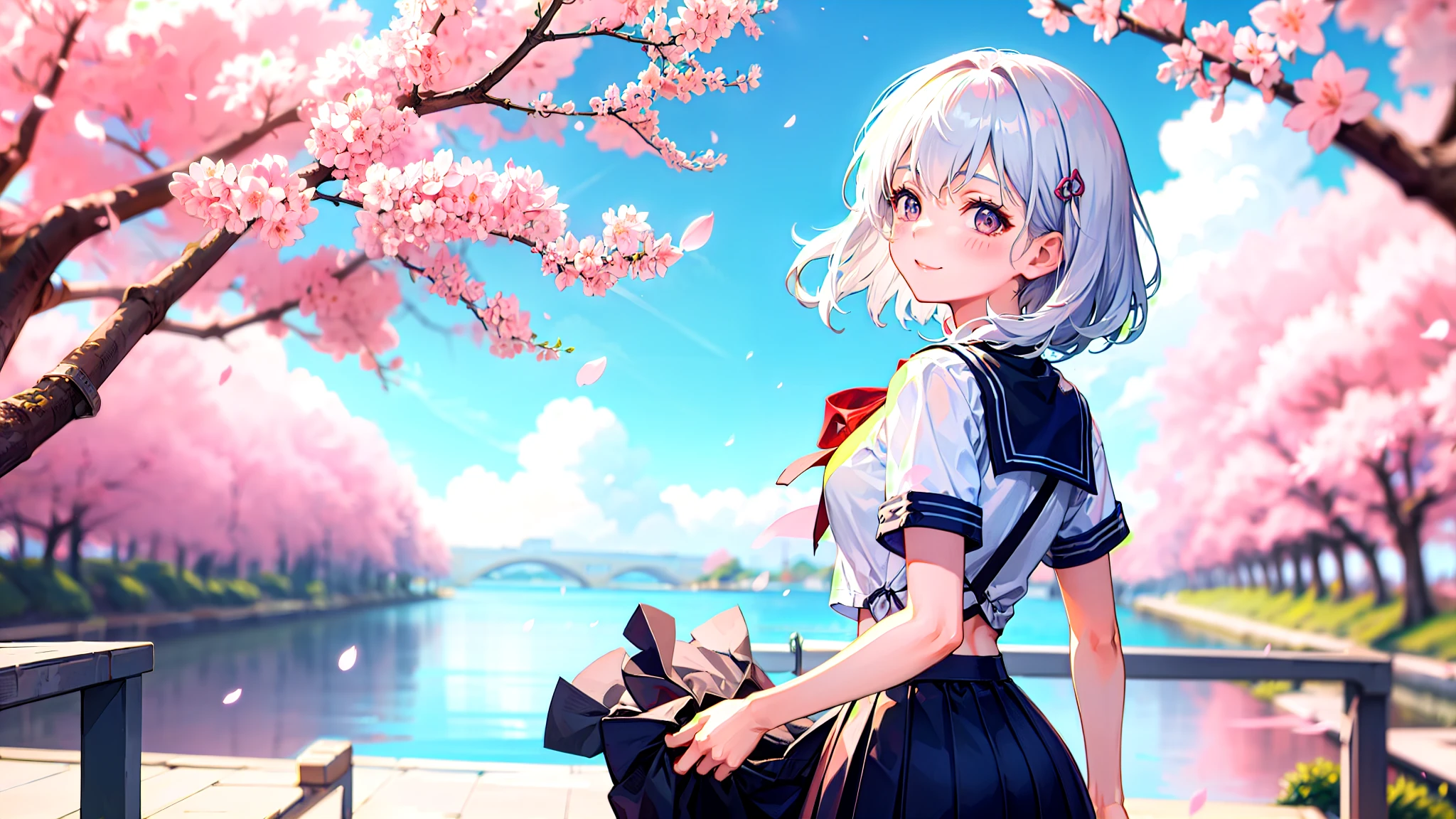 One girl、super quality、Looking up at the scenery of cherry blossoms in full bloom、A high school girl looking back at me、smile、Nice body、the skirt is short,、Ultra HD、amazing