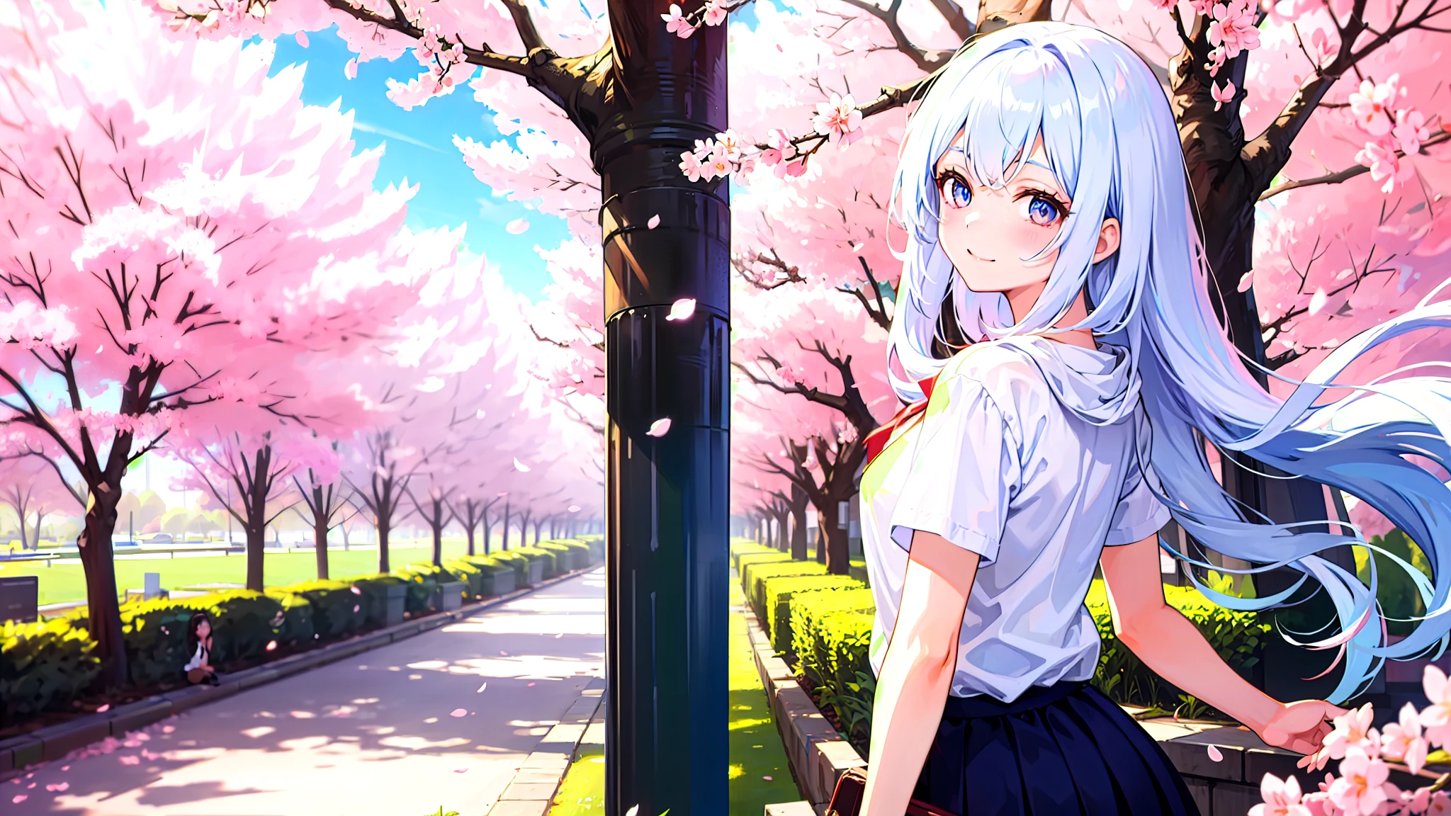 One girl、super quality、Looking up at the scenery of cherry blossoms in full bloom、A high school girl looking back at me、smile、Nice body、the skirt is short,、Ultra HD、amazing