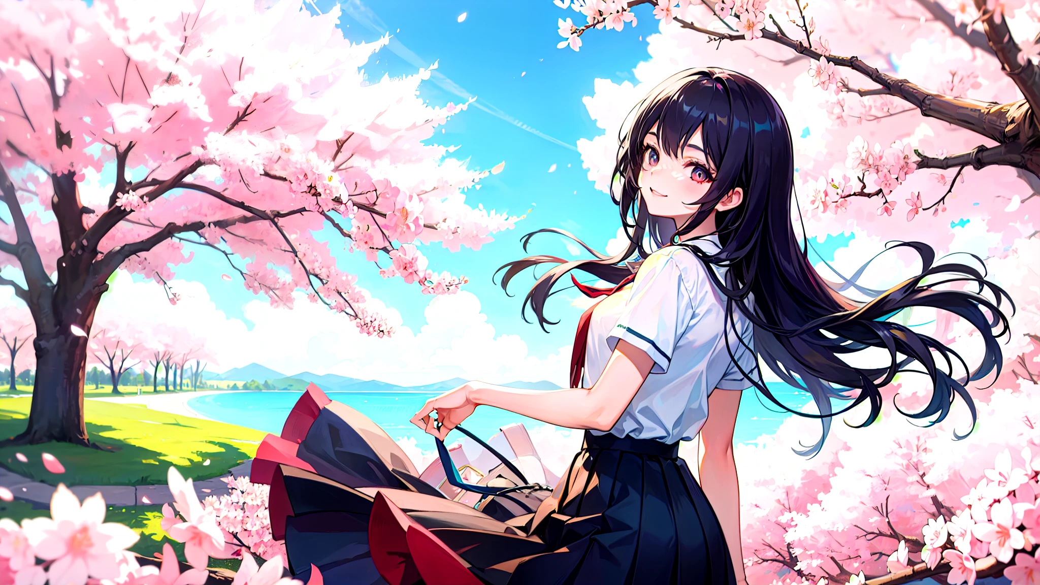 One girl、super quality、Looking up at the scenery of cherry blossoms in full bloom、A high school girl looking back at me、smile、Nice body、the skirt is short,、Ultra HD、amazing