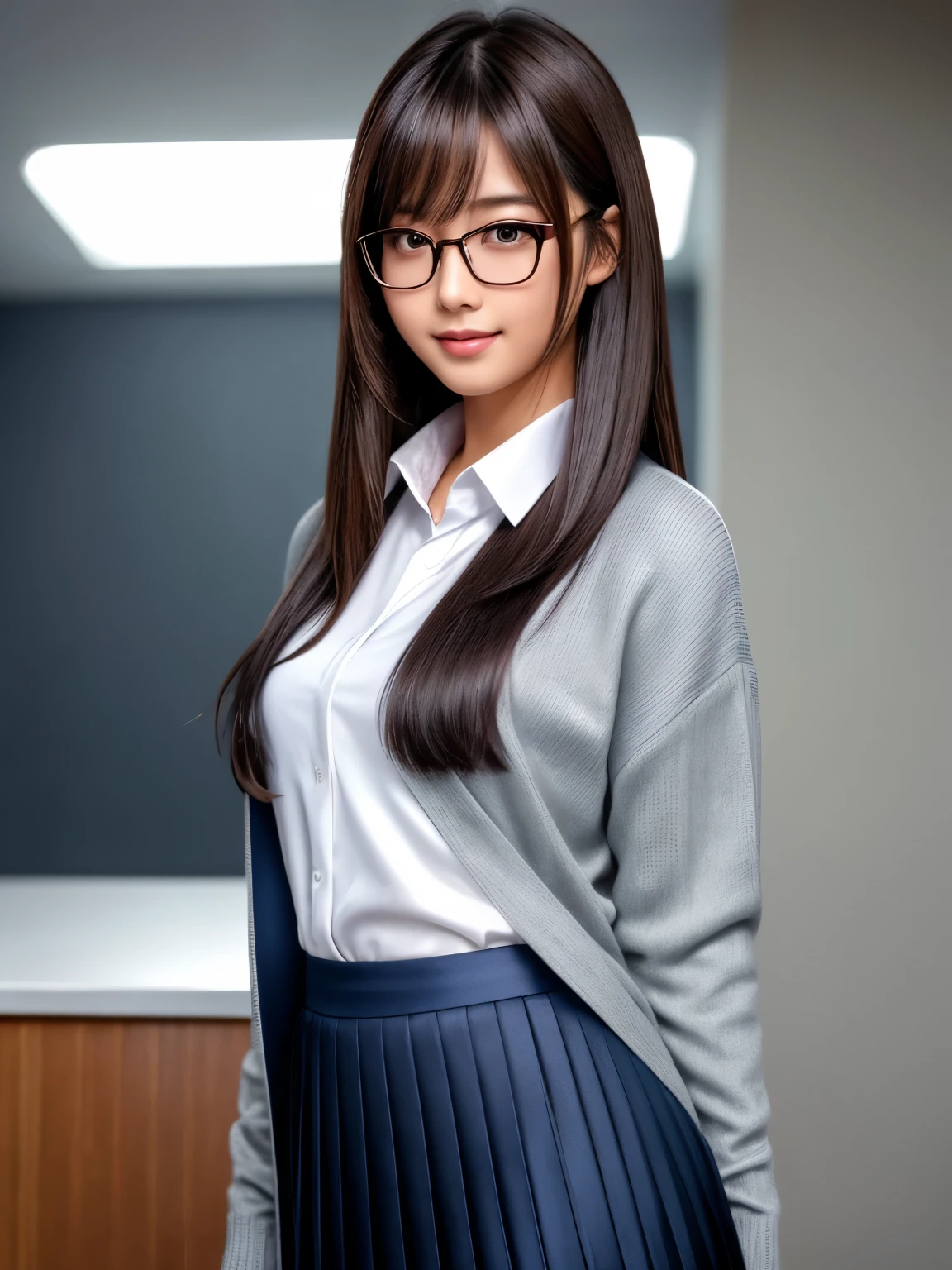 Product quality, One girl, Top body shot, Front view, Beautiful young Japanese woman, Bobbed hair, Standing smiling on top of high school cult, Attractive figure, Wearing gray knit cardigan, white collared silk shirt, plain dark blue long tie with shiny satin close, wearing dark blue pleated long skirt, super pretty face, glossy lips, double eyelids, natural makeup, long eyelashes, shiny smooth light brown bobbed hair, asymmetrical bangs, tanned skin, center image, high resolution, highly detailed, detailed hairstyle, detailed face, spectacular cinematic lighting, octane rendering, vibrant, ultra realistic, perfect limbs, red rimmed glasses