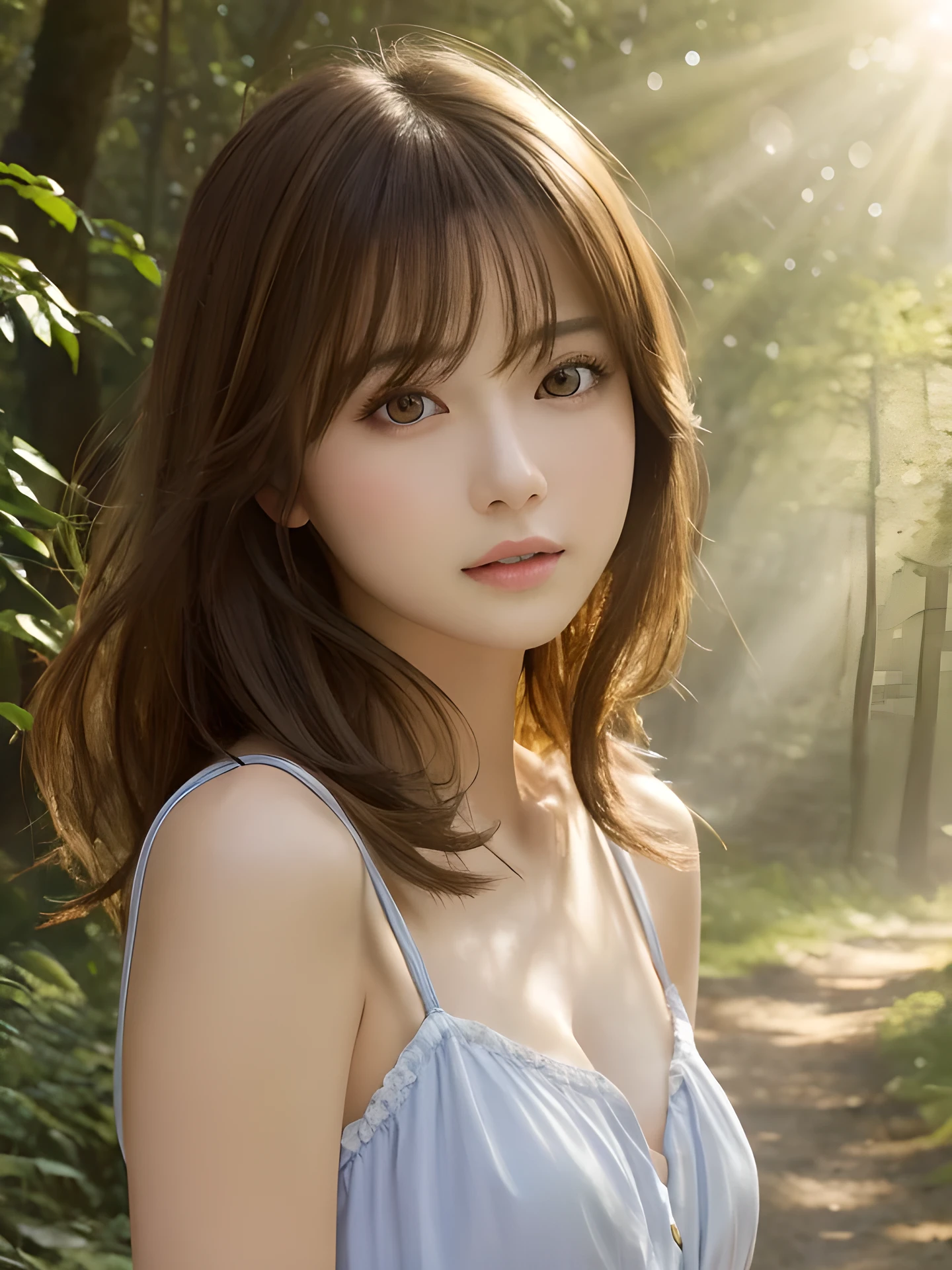 masterpiece, highest quality, High resolution, wallpaper, realistic, (bright lighting:1.4), professional lighting, face light, smooth lighting, japanese girl, full body, cute, sad, open mouth to say something, shy, Beautiful girl, gravure, sexy, super beautiful, beautiful skin, beautiful and detailed eyes、detailed face、slim、moderately, medium hair, brunette colored hair, brown eyes, Summer Dresses, The morning sunlight shines through the misty forest path.