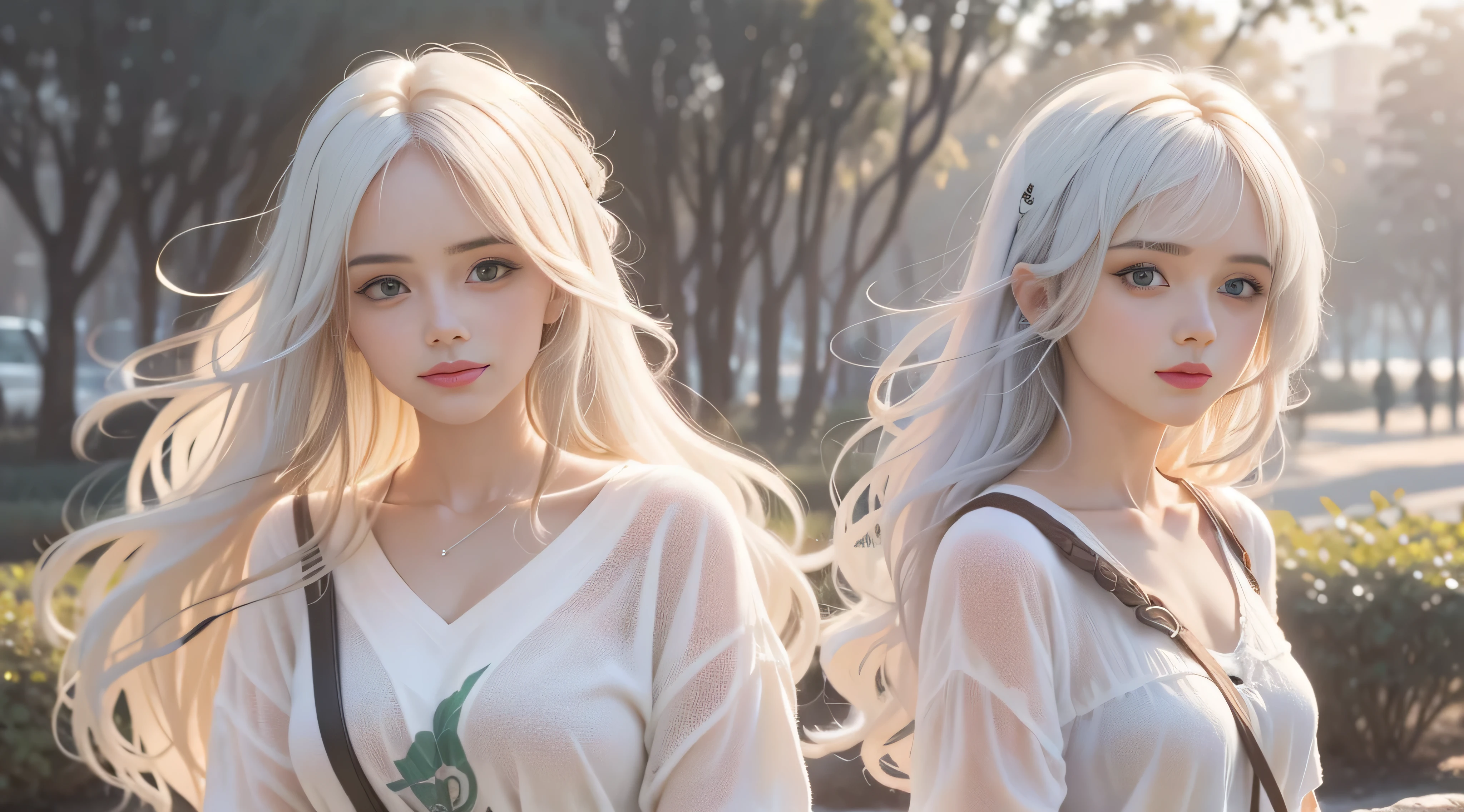 Qualidade de imagem:Masterpiece highly detailed 8K high resolution content:Nos campos no outono,A brisa do outono sopra,Folhas de outono flutuam no ar,There are flickering particles flickering,Fundo de luz quente:1 cinta,Retratos surrealistas de mulheres por David Hockney e Alphonse Mucha,cabelos brilhantes,vivacidade,cabelo whaite,long, whitish hair,em blusa usando,Atmosphere of lazy action:warm and comfortable,Com um pouco de luz fresca de outono:cor quente:high saturation,Brilliant composition。。。:Thirds composition style reference rule:Fotografiarealista