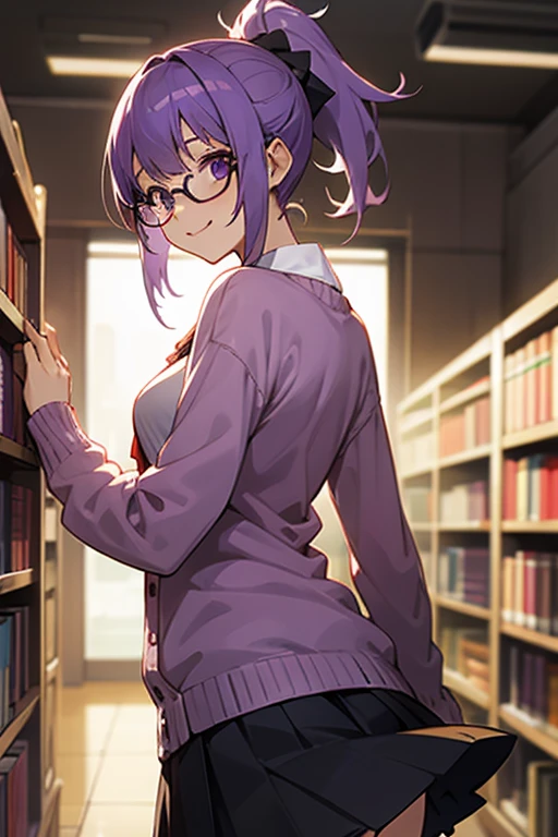 young woman,Purple Hair,Glasses,adult,cardigan,skirt,mysterious,intellectual,Anime Style,beautiful,Responsibility,Turn around,smile,ponytail,library,