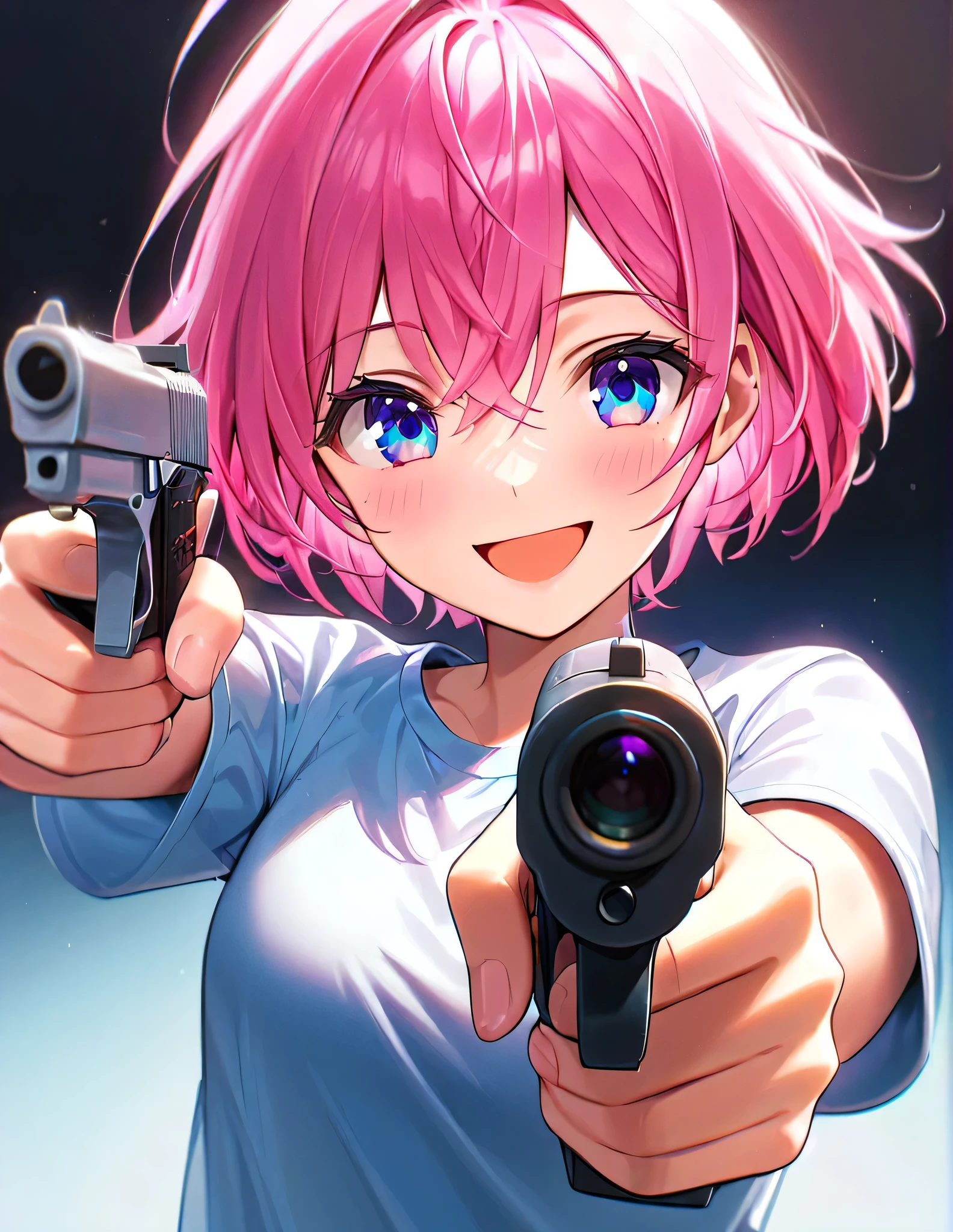 (best quality,4k,8k,highres,masterpiece:1.2), ultra-detailed, 1 girl, fluorescent pink hair, blue eyes, (eye focus:1.3,face focus:1.3,torso focus:1.5), (gradient eyes:1.3), (Shirt), smiling face, open-mouthed laughter, (happy:1.3), short hair, gazing at a silver pistol, cowboy shot