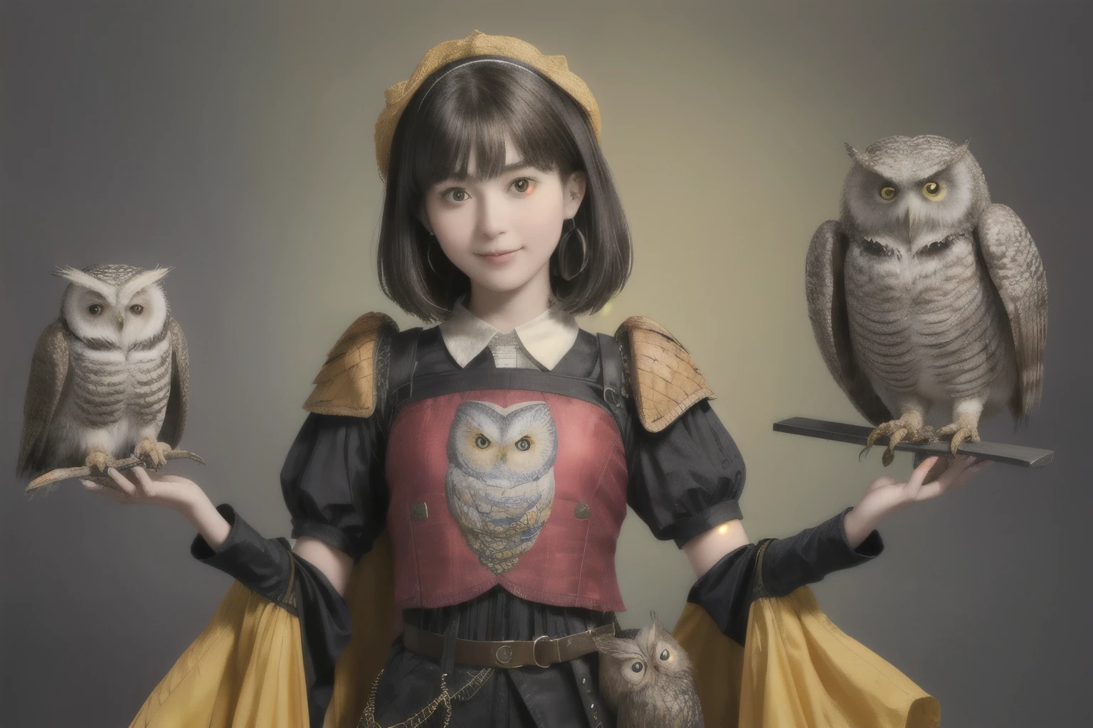 224 Short Hair, 20-year-old woman, A kind smile, (There are also colorful owls), (Rembrandt-style painting), ((machinery suit,Clothes with short sleeves)),I can see your abs