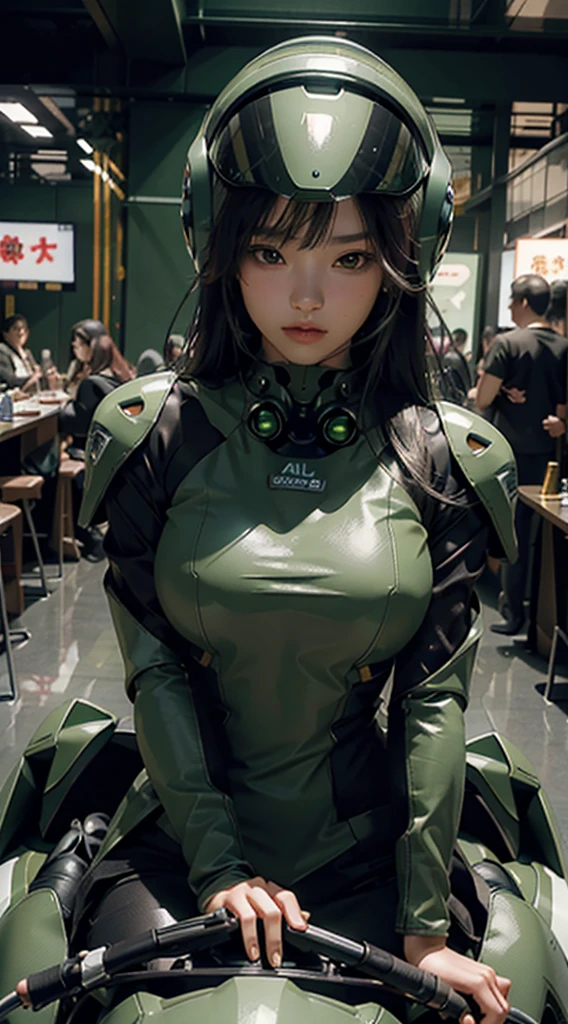 Highest image quality, outstanding details, ultra-high resolution, (realism: 1.4), the best illustration, favor details, highly condensed 1girl, with a delicate and beautiful face, dressed in a black and green mecha, wearing a mecha helmet, holding a directional controller, riding on a motorcycle, the background is a high-tech lighting scene of the future city.