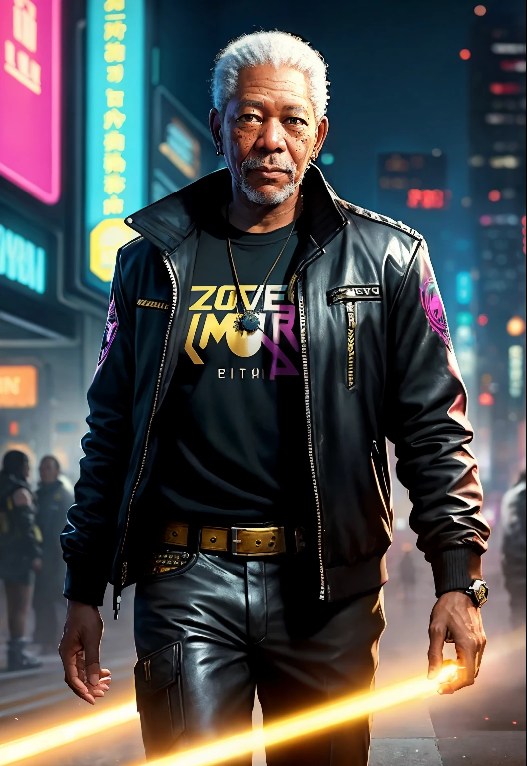 a painting of a (Morgan Freeman), background, style of cyberpunk 2077, band of gold round his breasts