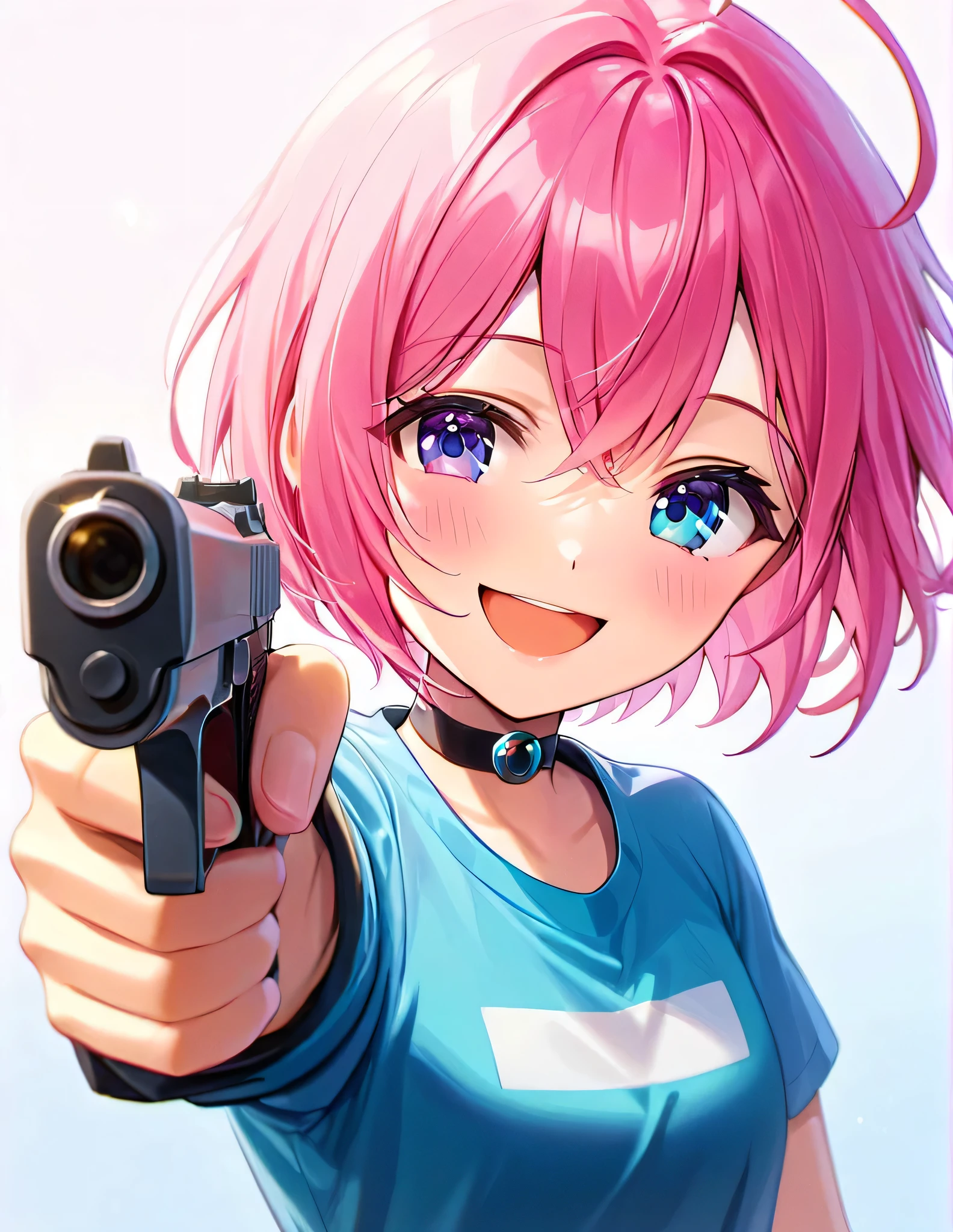 (best quality,4k,8k,highres,masterpiece:1.2), ultra-detailed, 1 girl, fluorescent pink hair, blue eyes, (eye focus:1.3,face focus:1.3,torso focus:1.5), (gradient eyes:1.3), (Shirt), smiling face, open-mouthed laughter, (happy:1.3), short hair, gazing at a silver pistol, cowboy shot