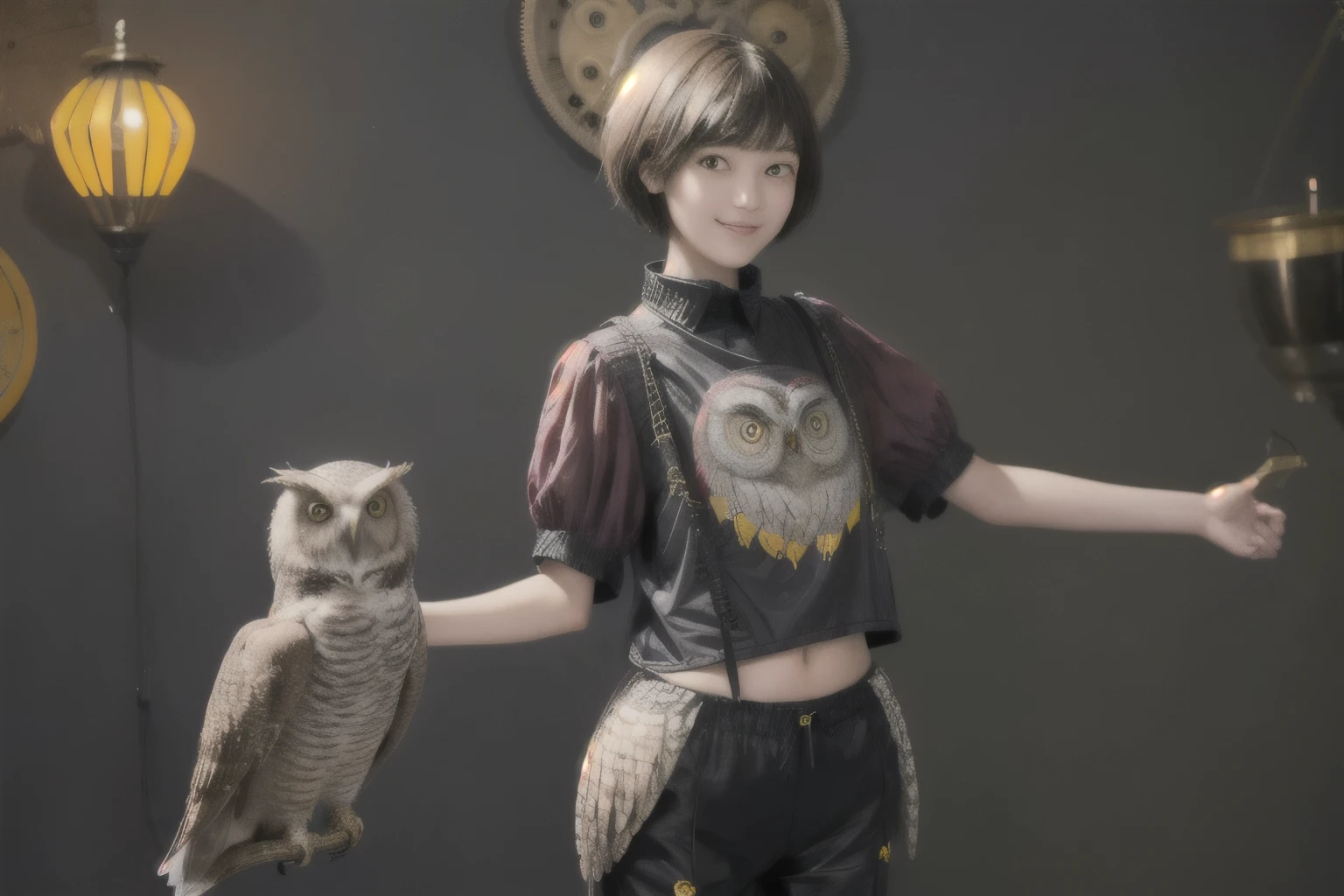 224 Short Hair, 20-year-old woman, A kind smile, (There are also colorful owls), (Rembrandt-style painting), ((machinery suit,Clothes with short sleeves)),I can see your abs