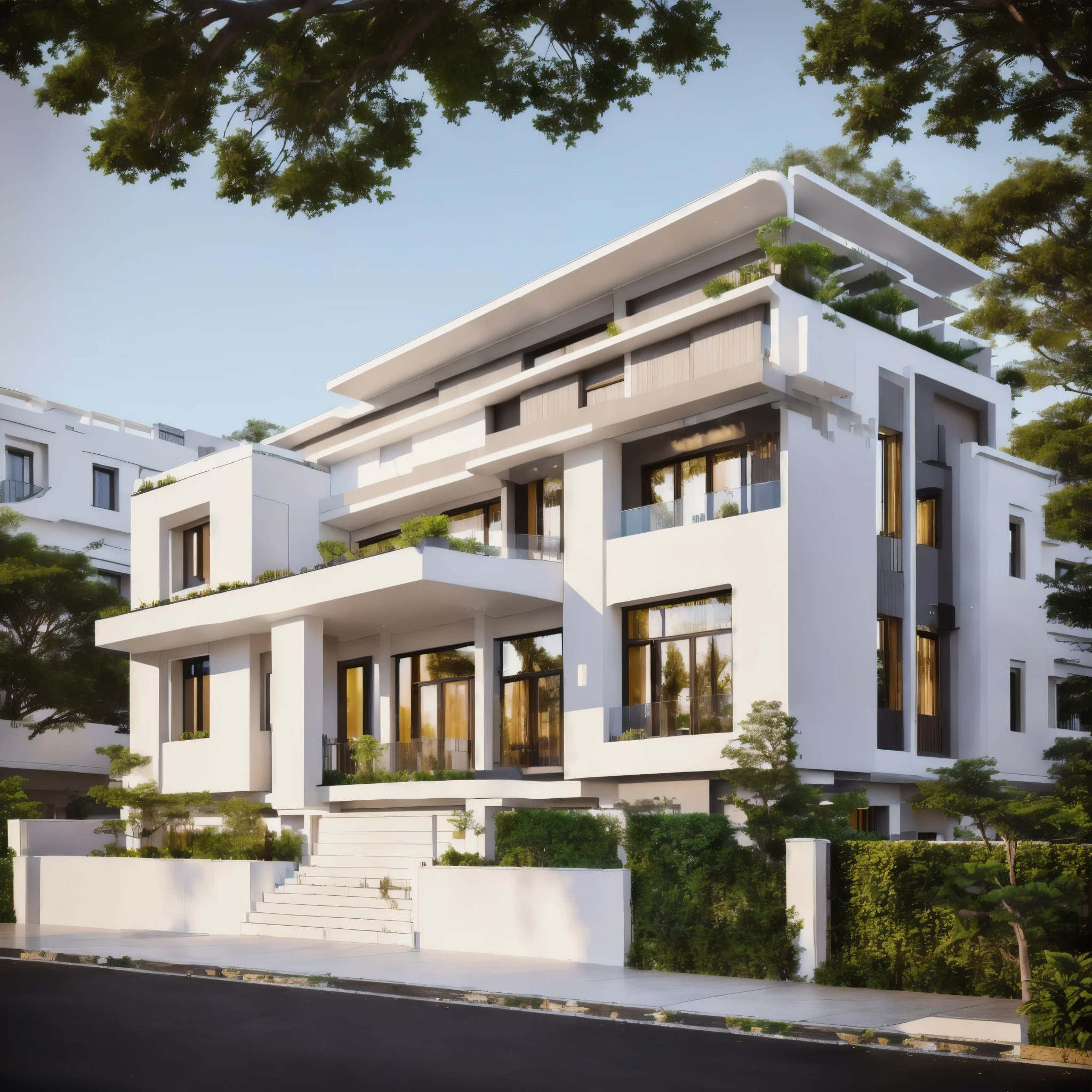 RAW photo, Masterpiece, high quality, best quality, realistic, super detailed, exterior, outdoor, townhouse, located in the city, (white wall :1.4), glass windows, (gray roof :1.1), decorative tiles on small wall, , trees, beautiful sky, grass, stone walkway, view from height (date:1.1), vivid colors, vray, (sunlight sky:1.1), decorative wooden paneling, wooden door frame, flower bed in front of the house