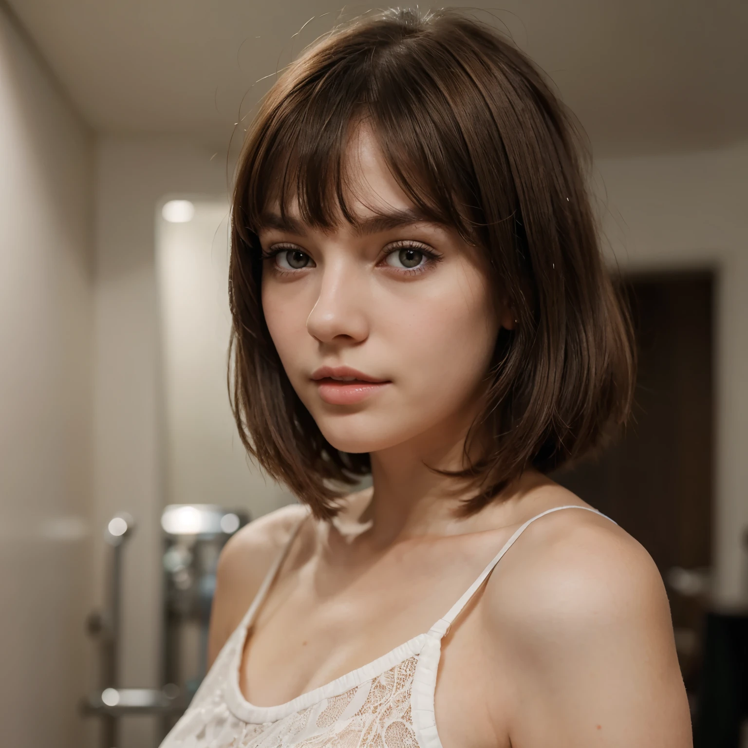 A girl with brown chin lenght hair and a bang,pale skin grey eyes