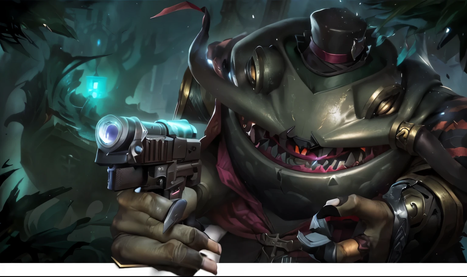 there is a picture of a man with a gun in his hand, grim-hatter, shaco from league of legends, art depicting control freak, mimic, riot games concept art, league of legends concept art, background artwork, muscular eldritch clockwork, style of greg simkins, eldritch journalist, big chungus as elden ring boss