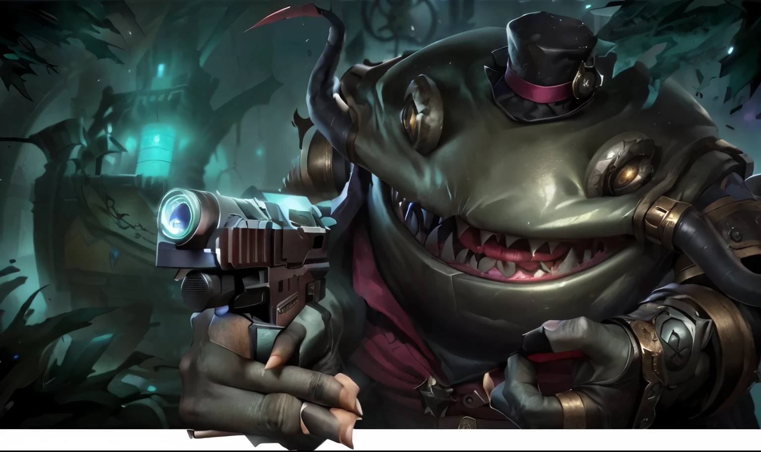 there is a picture of a man with a gun in his hand, grim-hatter, shaco from league of legends, art depicting control freak, mimic, riot games concept art, league of legends concept art, background artwork, muscular eldritch clockwork, style of greg simkins, eldritch journalist, big chungus as elden ring boss