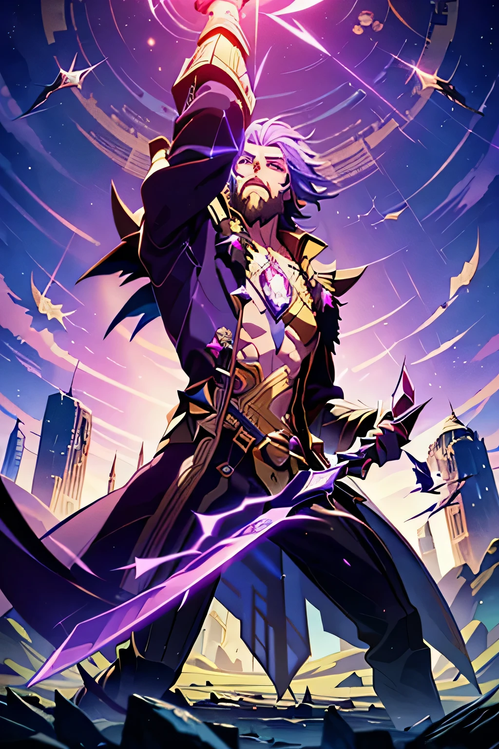 A powerful male wizard dressed in ornate, shimmering armor, standing with his back to the viewer. He is framed by the shattered remnants of his own illusions, which litter the ground behind him, reflecting shards of color in the dim light. Everywhere, delicate violet kristalle shards glisten, sparkling like diamonds in the darkness. His long, flowing beard and hair seem to dance with the ethereal light, hinting at the raw magic that courses through his veins. His muscular arms are clad in intricately engraved bracers, and his strong, elegant hands grip the hilt of a sword sheathed at his side. Despite the chaos around him, the wizard appears calm and collected, as if he's finally freed himself from the confines of his own illusions. The air seems to hum with potential energy, as if the destruction of his illusions has paved the way for a new, more honest chapter in his life.