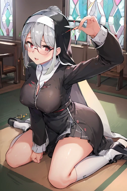 (masterpiece:1.4), (highest quality:1.3), (high resolution:1.2), Perfect Anatomy, Well-formed face,Accurate depiction,Precise depiction,Beautiful depiction,(Rui々Shishi Body:1.1), (Healthy Body:1.1),(Shiny Hair:1.2),Glassesをかけた, Glasses, Face, Large Breasts, Tight waist, Clothes stuck with sweat, (Erect nipples covered by clothes:1.2), Nijisanji/Kaede Higuchi,Gray Hair, Nuns,nun, (traditional nun:1.3), white capelet, neck ribbon, black dress, long dress, (zipper dress:1.1), White knee socks, Lace-up boots, (grabbing breast:0.8), (girl trembling with sexual climax:1.2), church, confessional, Chapel, Stained Glass Windows,