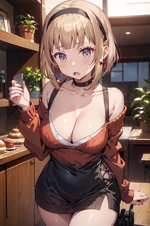 masterpiece, yor, 1girl, Amazing Cleavage:1.3, thin waist, big ass, Raised sexy, medium breast: 1.8 posed cleavage:1.2、solo, looking at viewer, open mouth, have a cup of coffee,black hair, red eyes, dress, bare shoulders, jewelry, collarbone, sidelocks, hairband, earrings, indoors, off shoulder, :o, sweater, arms behind back, plant, short hair with long locks, white hairband, off-shoulder dress, sweater dress, off-shoulder sweater, red sweater, big side hair, very long side hair,is rendered in (masterpiece: 1.2, best quality), with (ultra high resolution) and an exquisite (depth of field). This masterpiece is not only visually stunning but also tells, make of cake cooking ,in the kitchen