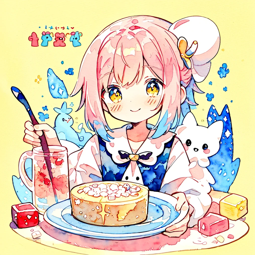 Soft colors: 1.5), (Cute illustrations: 1.5), (watercolor: 1.2), Yellow background, girl, whole body, Smile, aloof, light, Moya, marble, rich and colorful, Crepea, candy, dessert, Thin rice crackers, plush toys, want to, cross, spoon, Tea