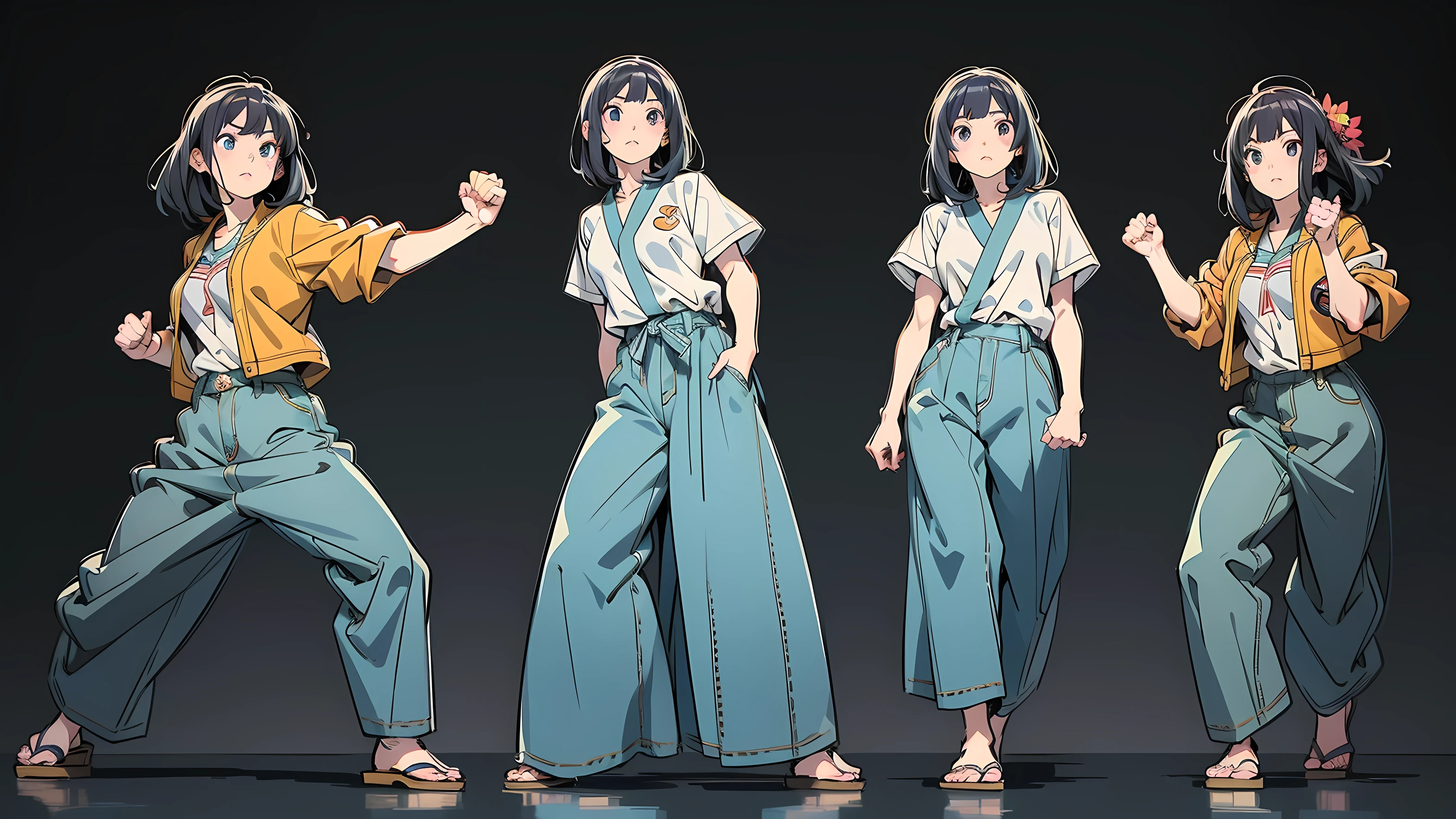 anime bold outline character in yellow flower varsity jacket, jeans pants, doing a karate pose, fighting stance, in japanese anime style, in anime style, misato katsuragi, in an anime style, hinata hyuga, anime style character, hinata hyuga from naruto, female action anime girl, anime style 4 k, japanese anime style, anime style illustration, fighting pose, full body, side view, bright sunny day, fighting expression, right fist hand, left kungfu hand, fix hand gesture, white background