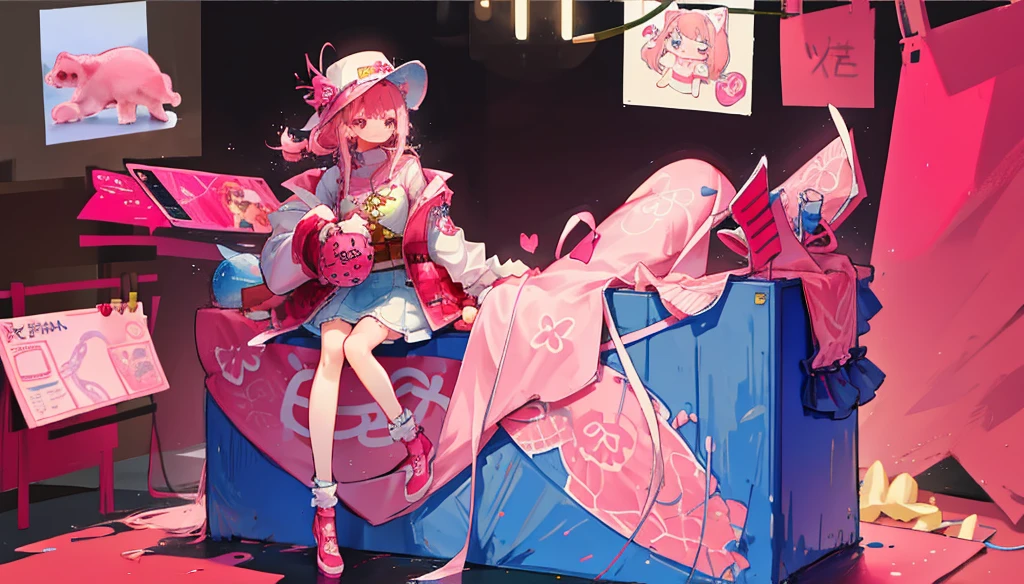 girl, Pink Hair, 一个girl坐在地上,Drawing on a tablet, fair, rich and colorful