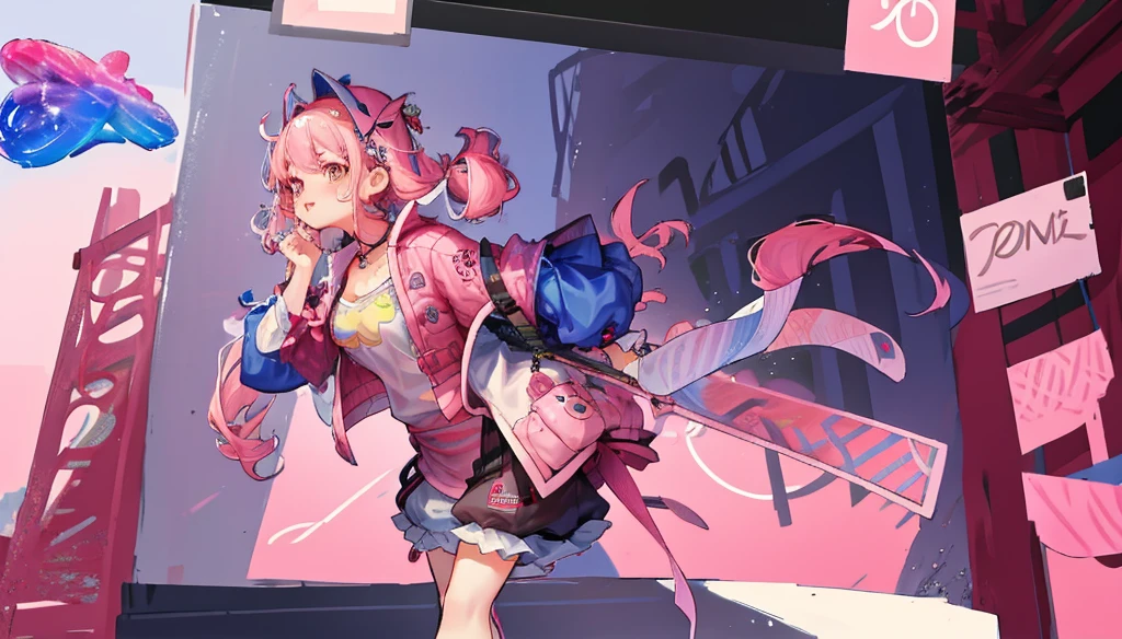 girl, Pink Hair, 一个girl坐在地上,Drawing on a tablet, fair, rich and colorful