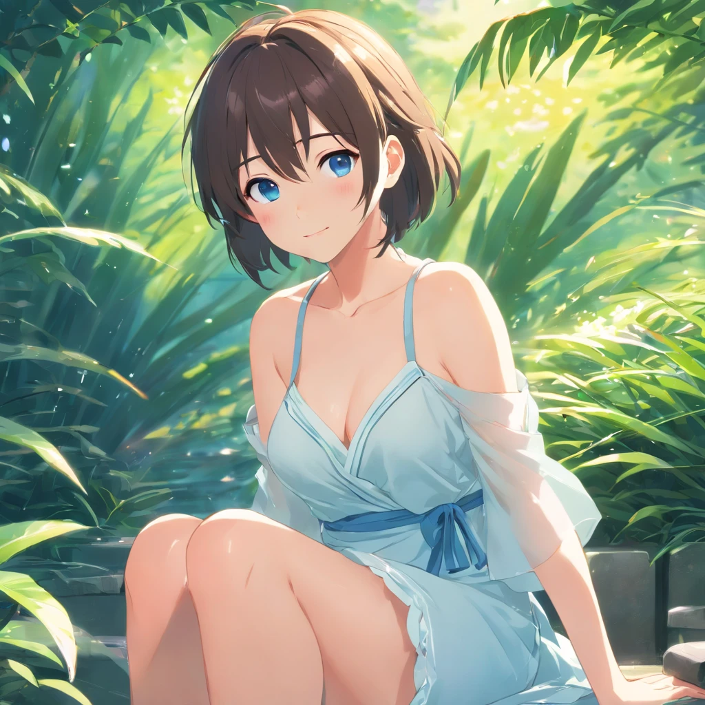 ((8K,masterpiece,highest quality,High resolution))Erotic,sexy,One Girl,Shy Smile,Fine skin,Gloss,Beautiful face in every detail,Baby Face,Beautiful Blue Eyes,Soft cheeks,White long hair,Finely drawn body,White Chinese Dress,Transparency of clothing,Big cleavage,Breasts spilling out,Bare legs,Spectacular Nature