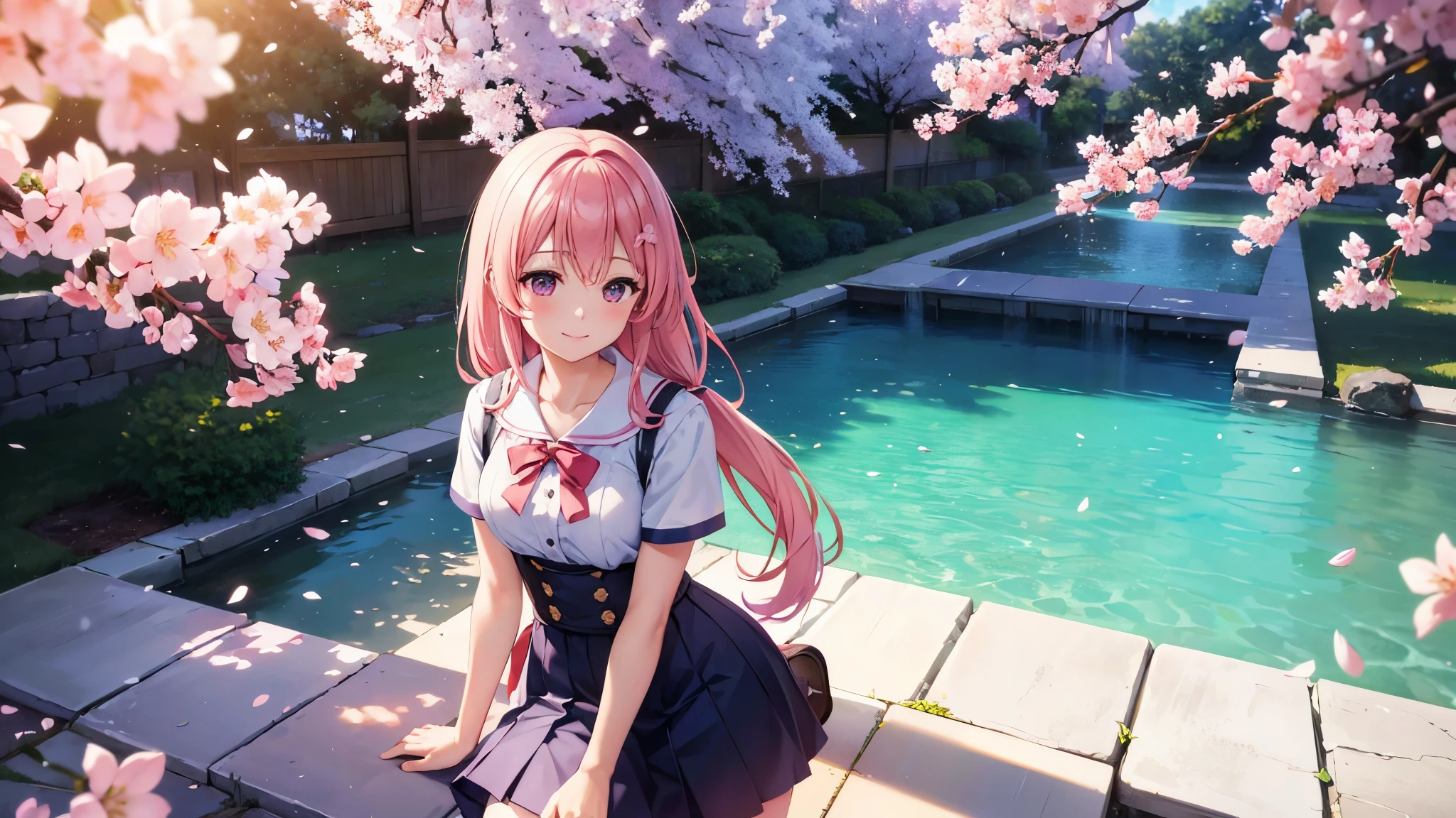 vividな色彩, Ultra-realistic shading, Very detailed, Nice views, beautiful透明感, super high quality, extend, ((Add Layer 2.7)), vivid, Super Bright Color 1.5, (high-definition CG unity 8け wallpaper: 1.3 ), beautiful,With cherry blossoms in full bloom as a background、A cute high school girl is smiling、Nice body、the skirt is short,、