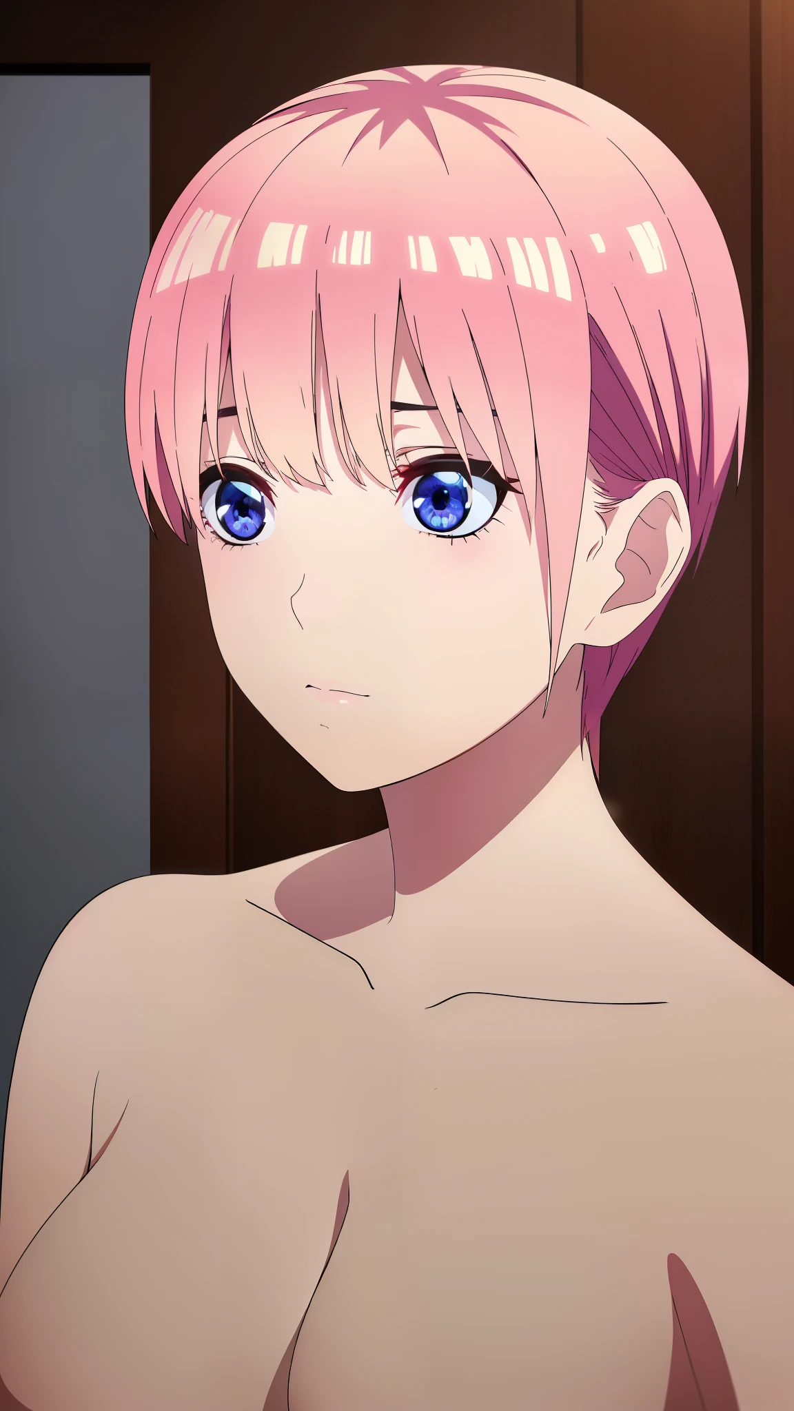 ((8k resolution))、((highest quality))、((masterpiece))、((Very detailed))((((dramatic))), (Anatomically correct)、The depth of the object to write、Looking at the camera、front、ichika nakano, short hair, bangs, blue eyes, hair between eyes, pink hair,Embarrassing、Completely naked、pubic hair、background:bed