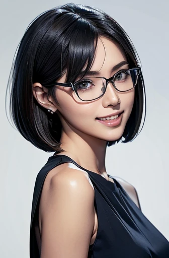 (masterpiece), (8k, best quality, high resolution), (ultra-detailed, realistic), (anatomically correct),
((Portrait)), (Standing), (((looking back))), (No background),
(1woman), (looking at viewer),
(A Japanese woman, 30 years old and 155cm tall.),
(black hair), (straight hair), (short hair style), (bob cut), (hair behind ears),
(wear glasses), ((black cell frame glasses)),
((Wear a navy blue sleeveless dress)), ((Mini length dress with a simple design and minimal decoration)),
(Create a detailed image of the eye),
(Her impression is pure, clean and kind.),
((A captivating smile, just showing a few teeth.)),