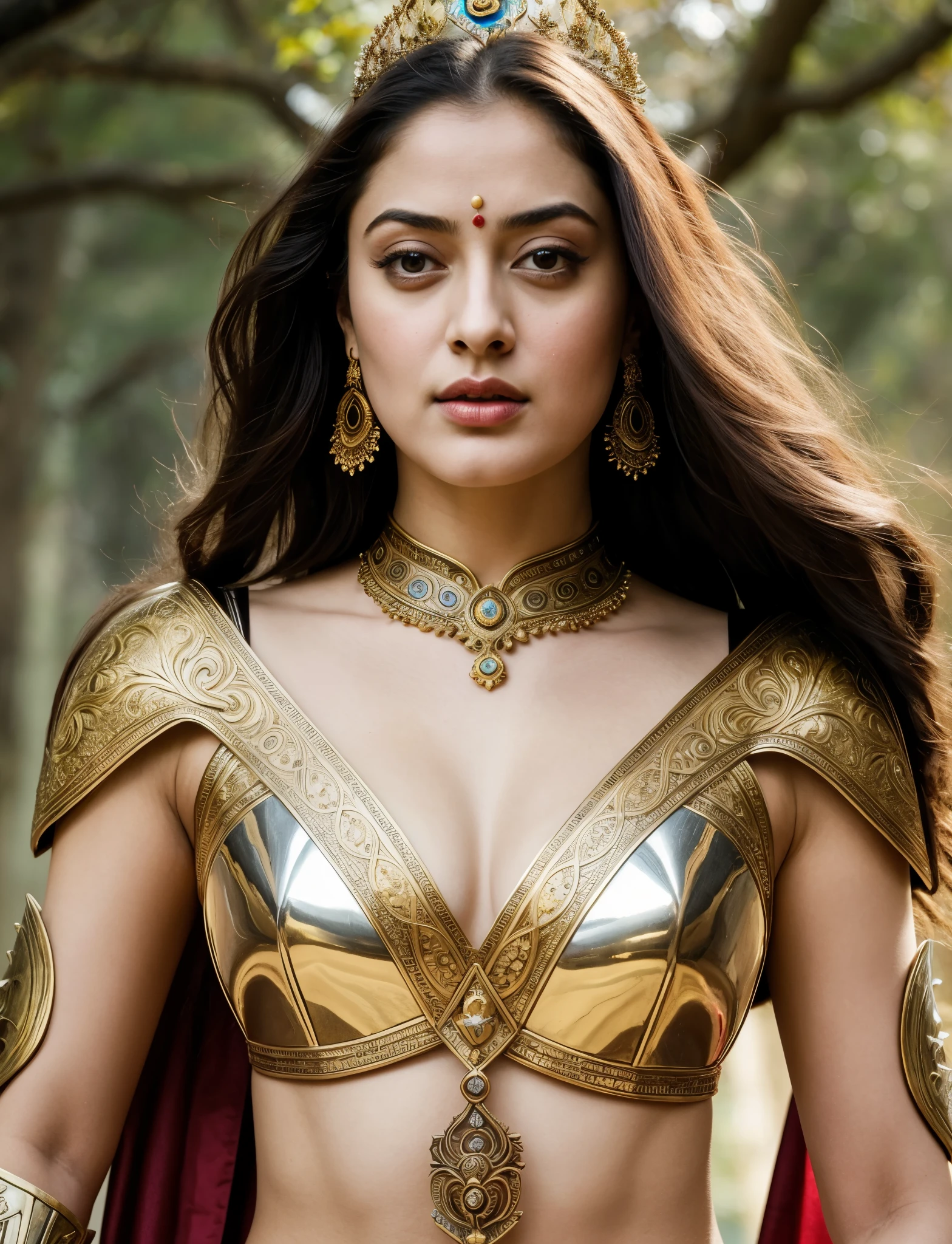 Looks like Sandeepa Dhar, "Design an illustration of a stunning and powerful warrior queen with a regal presence. She should possess a combination of strength and grace. Imagine her in ornate, yet practical armor that complements her figure. The armor should be adorned with intricate details and symbols representing her royal lineage and warrior prowess. Her weapon of choice could be a unique and elegant sword or a mythical weapon that reflects her status as a formidable leader.
Her facial features should exude confidence and determination, with piercing eyes that convey both fierceness and wisdom. The queen's hair, whether long or short, should flow dynamically, hinting at her movement in battle. Consider incorporating elements that emphasize her connection to nature or a mythical realm, such as ethereal backgrounds, symbolic animals, or mystical symbols.
Pay attention to the color palette; use rich, bold colors that enhance her royal aura. Experiment with lighting to highlight specific details and create a sense of drama. Ensure that her posture and expression capture the essence of a queen who commands respect and admiration. Feel free to draw inspiration from historical warrior queens or fictional characters, blending elements to create a unique and captivating image."