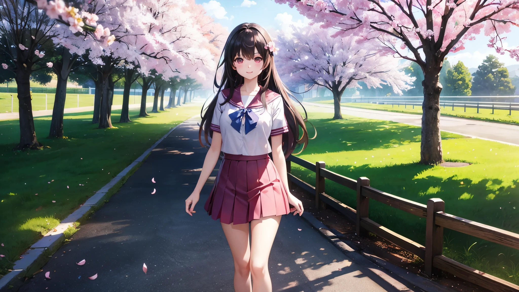 vividな色彩, Ultra-realistic shading, Very detailed, Nice views, beautiful透明感, super high quality, extend, ((Add Layer 2.7)), vivid, Super Bright Color 1.5, (high-definition CG unity 8け wallpaper: 1.3 ), beautiful,With cherry blossoms in full bloom as a background、A cute high school girl is smiling、Nice body、the skirt is short,、
