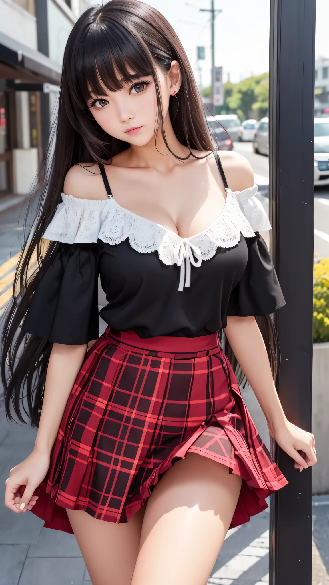 Detailed face、highlight、girl、thigh、breast enhancement、black髪、Heavy bangs、(Off the shoulder、)(Checked skirt、black、red、white、)