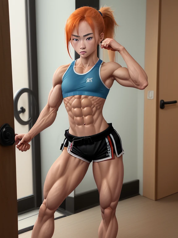 Short shy Japanese girl revealed to be muscular, 1girl, 17 years old, powerhouse, ginger blonde hair, tanned porcelain skin, ponytail hair, contact lenses, (wearing sports bra and karate zubon pants and black belt), small breasts, flat chested, chiselled abs, 8-pack abs, abs of steel, shredded abdominal muscle, cut lower obliques, washboard abs, strong calves, lean, gorgeous, tiny waist, standing in dojo, wearing make up, muscular legs, ice blue eyes (full body shot) bare foot
