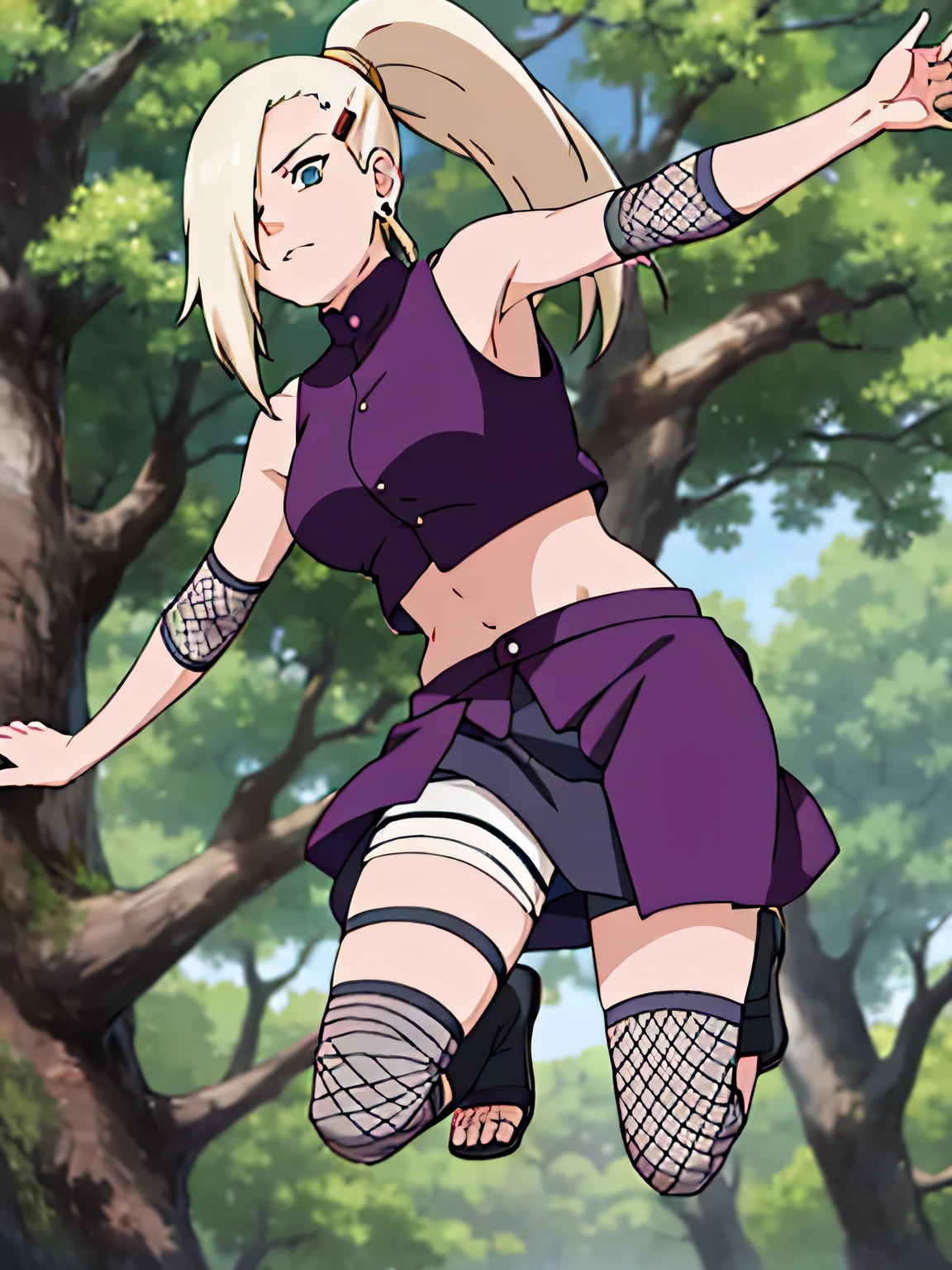 Yamanaka Ino, hair on one eye, ponytail, Hair clips, purple crop top, voluptuous, skirt, fishnet, earring, Diaphragm, show legs, condescending, alone, 1 girl, Facing the front, Masterpiece, perfect face, jump, Raise your legs high., touch,straight legs, touch high legs, Voluptuous eyes, open skirt, Torn a leg ,In the forest, On the tree, straight legs
