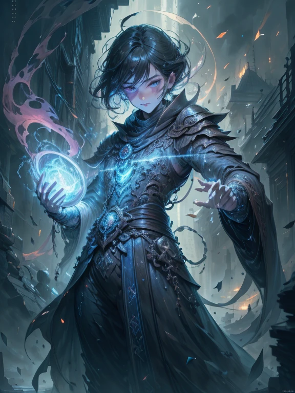full body image of time agent woman, translucent suit with shirt and tie, ink stains, wet paint, vibrant, dynamic pose, 8k, high detail, cinematic, like anime movie, (delicate fabric 1.2), (translucent fabric 1.4), pale skin, disheveled hair, high res, beautiful face (detailed eyes 1.3), (detailed mouth 1.3), (detailed nose 1.3), dark eyelashes, (blush 1.2), toned, confident, (masterpiece), (exquisite CG), (masterpiece), (exquisite CG), extreme light and shadow, master work, rich details, (misty 1.6), dark (dark 1.4), moody, stylized, surreal, smoke filled scenery, red and black and white colors, sci-fi, clockwork, flying paper, blue tones