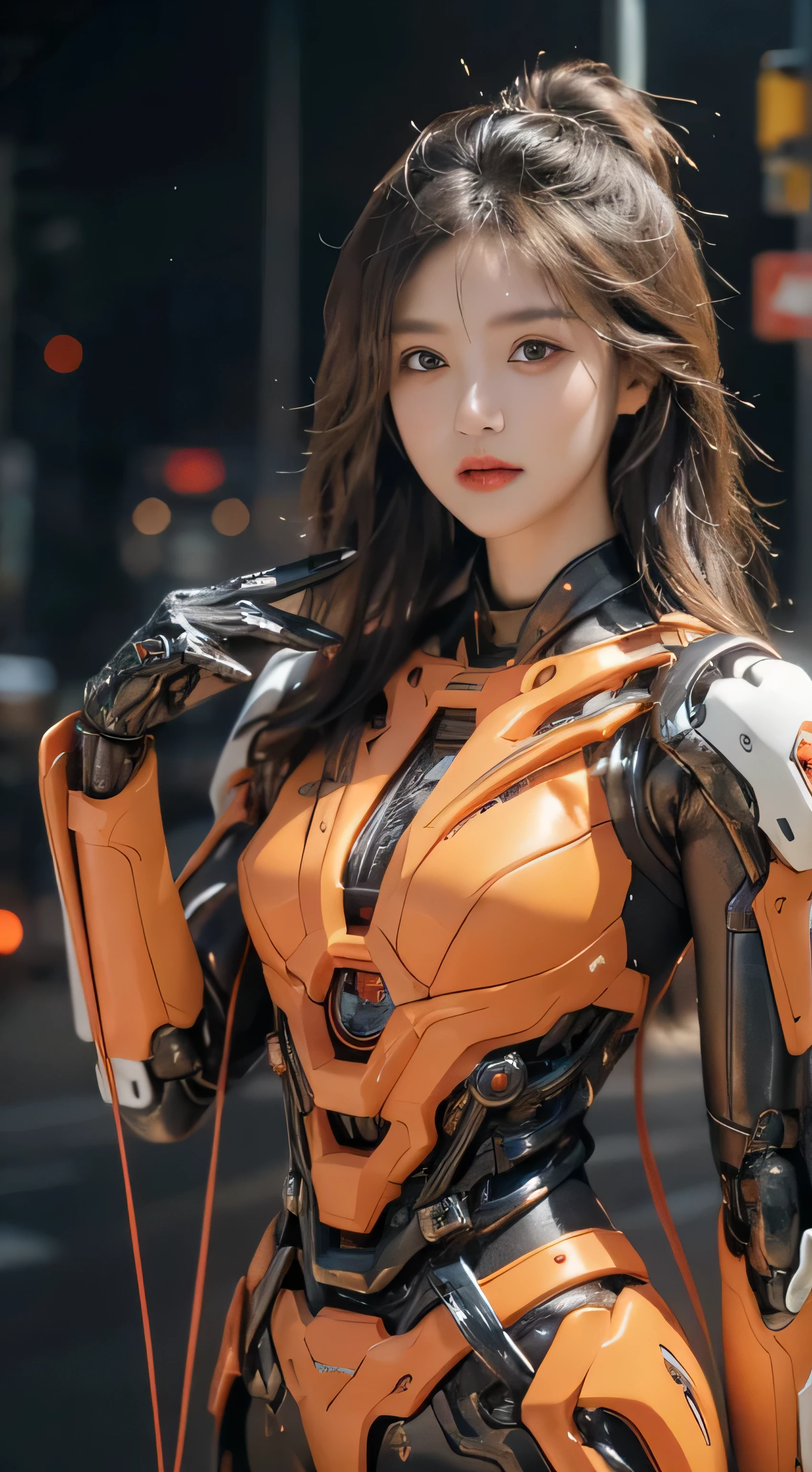 (1机械女孩)、Top quality、masterpiece、Ultra-high resolution、(Photorealistic:1.4)、original photo、1 girl、blond hair、Glowing skin、(((1机械女孩)))、(LED light mechanical helmet)、(Small LED)、((Ultra-realistic details))、porch、Global Illumination、shadow、Octan Rendering、8k、Super sharp、huge 、Bare skin is exposed in the cleavage、Metal、Intricate decorative details、Japan Details、Extremely complex details、realistic light、CG social trends、Red Eyes、Radiant eyes、face camera、Neon detail mechanical limbs)、(Blood vessels connected to tubular mechanical vertebrae connected to the back、Mechanical cervical fixator、(Wires and cables to the head)、Gundam、Small LED、,Mechanical thigh、Tustock