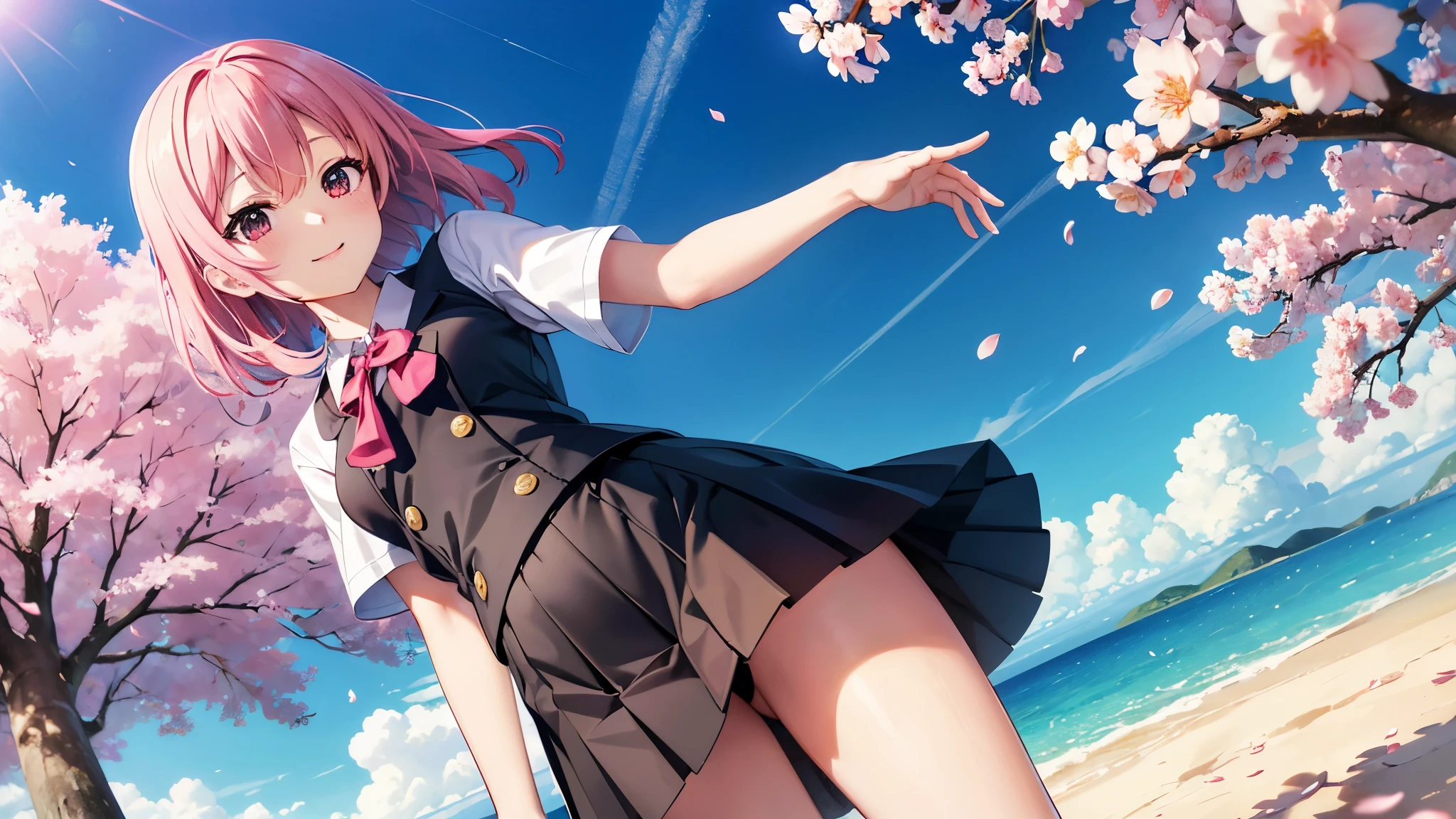 vividな色彩, Ultra-realistic shading, Very detailed, Nice views, beautiful透明感, super high quality, extend, ((Add Layer 2.7)), vivid, Super Bright Color 1.5, (high-definition CG unity 8け wallpaper: 1.3 ), beautiful,With cherry blossoms in full bloom as a background、A cute high school girl is smiling、Nice body、the skirt is short,、