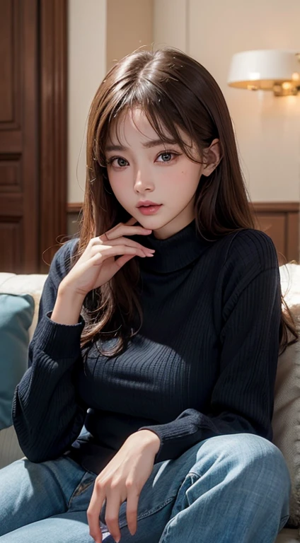 Beautiful woman、Cute Woman、About 22 years old、Detailed face、Fine grain、Detailed skin、Fine hair、Ultra-realistic image quality、Ultra HD、8k、Sitting on the couch with her boyfriend、I lean on his shoulder and close my eyes.、Relieved face、Only her boyfriend'Her shoulders and her girlfriend are visible..、My boyfriend is amputated at the shoulder、