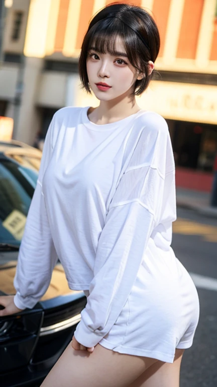 20s. Women. Brown hair. Sitting indoors. Short hair. Oversized fashion. Street fashion. Cool.