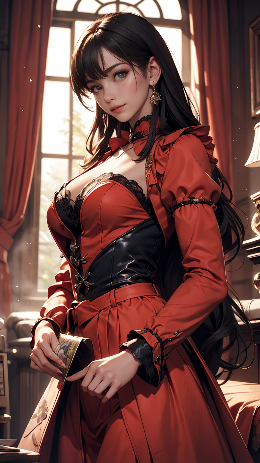 masterpiece, Highest quality, High resolution, One person, alone, Modern vampires, Redhead, Long Hair, Open Hair, Red eyes, Wicked Smile, On either side of her were two boys., both vampires with Redhead, Red and black outfit, Scary background