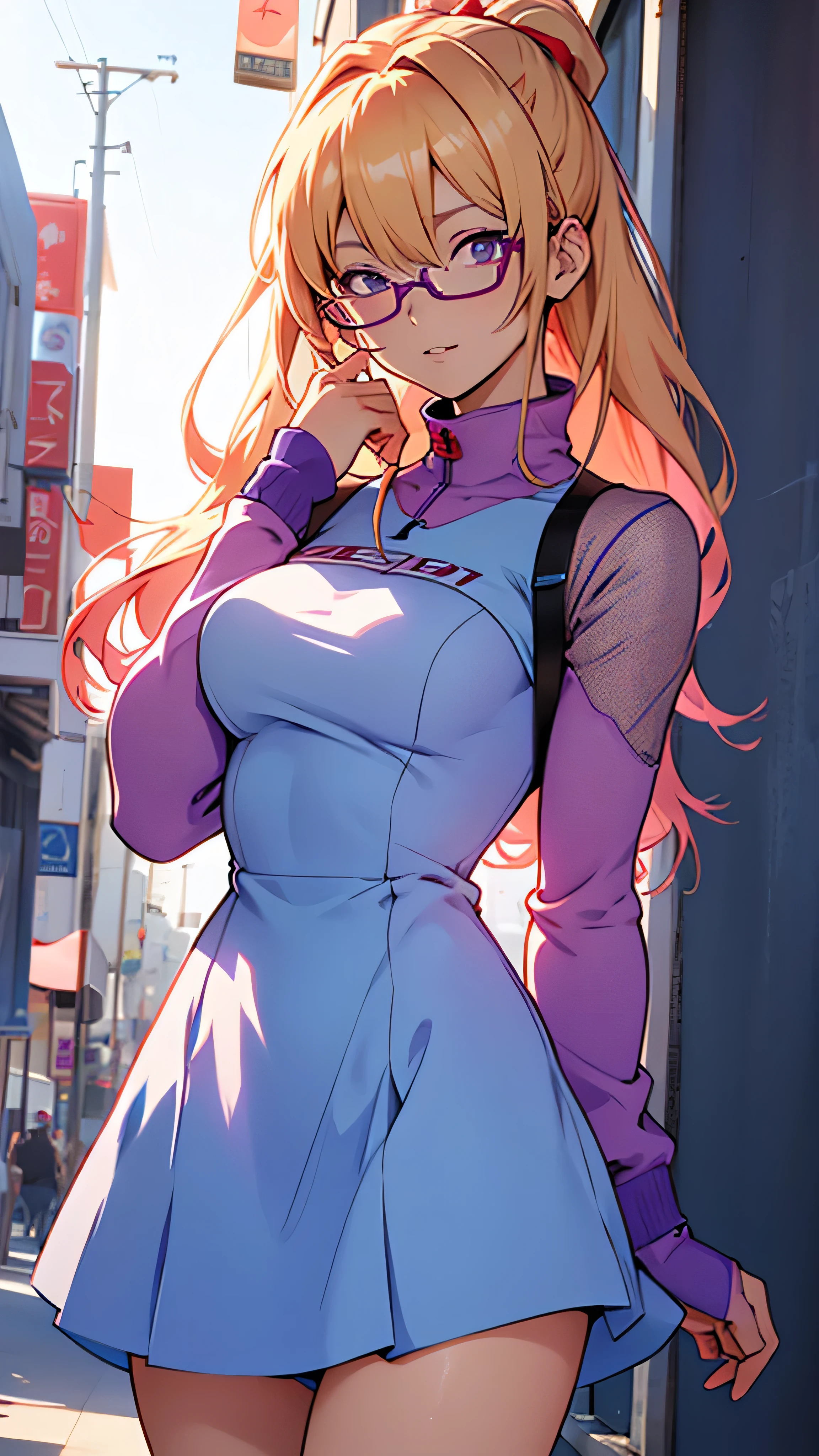 anime,An illustration,purple robot,Mobile Suit,Dom,Light blue check dress,Red glasses,Blonde,Light blue mesh hair,beautiful girl,Sora Sakurano,one person