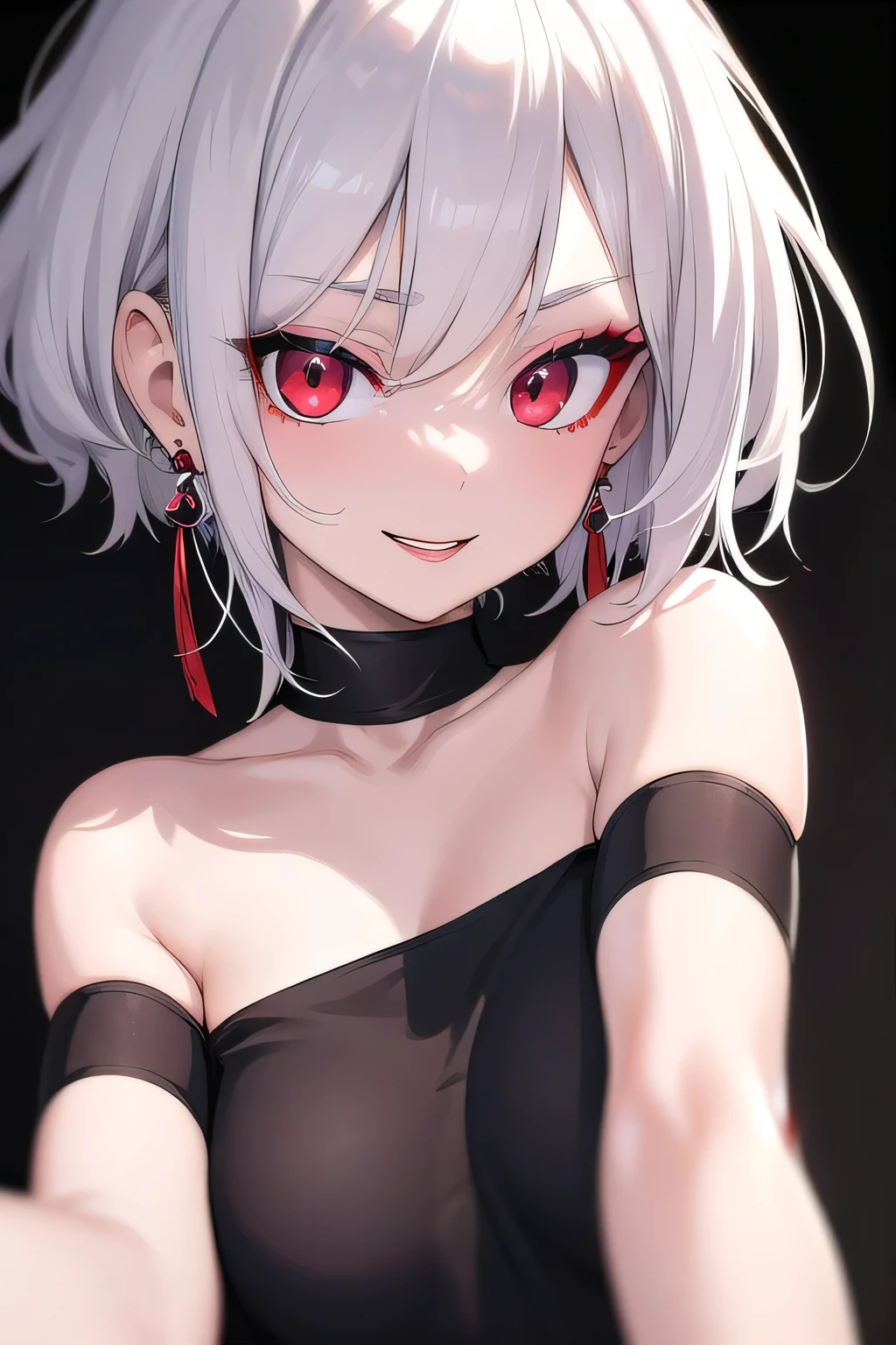 masterpiece, best quality, ultra-high-detailed, happy smile, white hair, red eyes, sigtuna julie , small breast, looking to viewer, deep eyes, glare eyes, black T-shirt , eyeshadow, makeup, bare shoulder, earrings, Gothic , eyeshadow, focus to face, black background, selfie, upper body ,